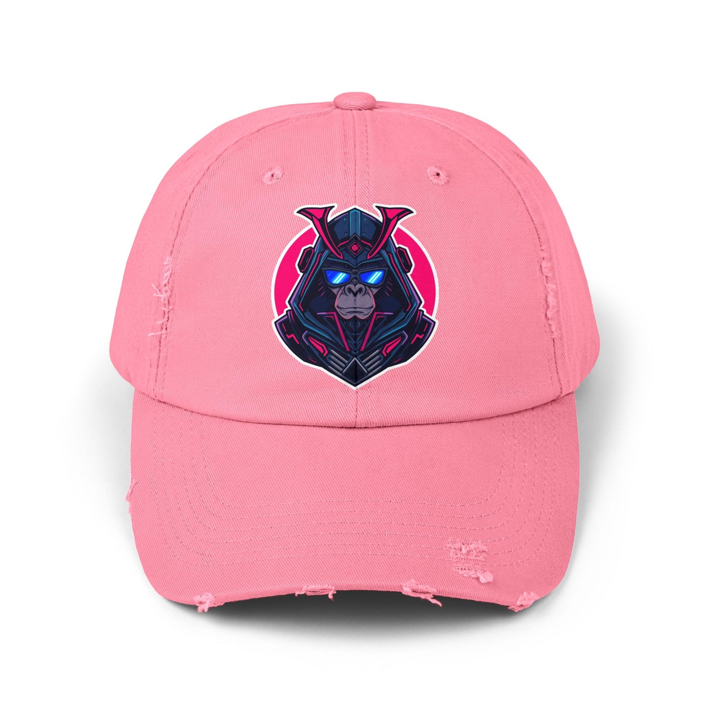 Samurai Skull Distressed Cap — Neon Retro Gamer Hat Hats Printify True Pink One size
