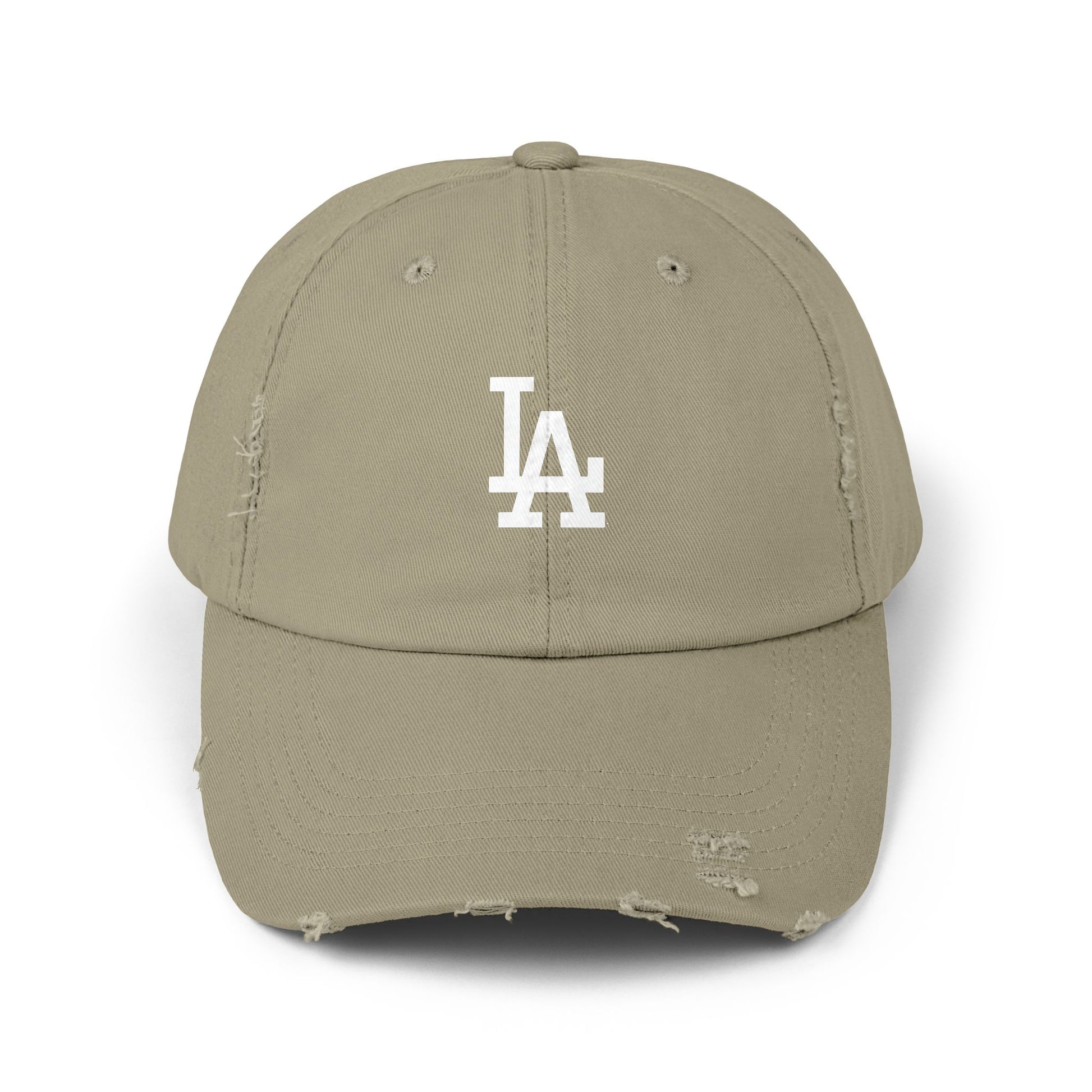 Distressed LA Baseball Cap — Vintage Black Dad Hat Hats Printify Light Olive One size