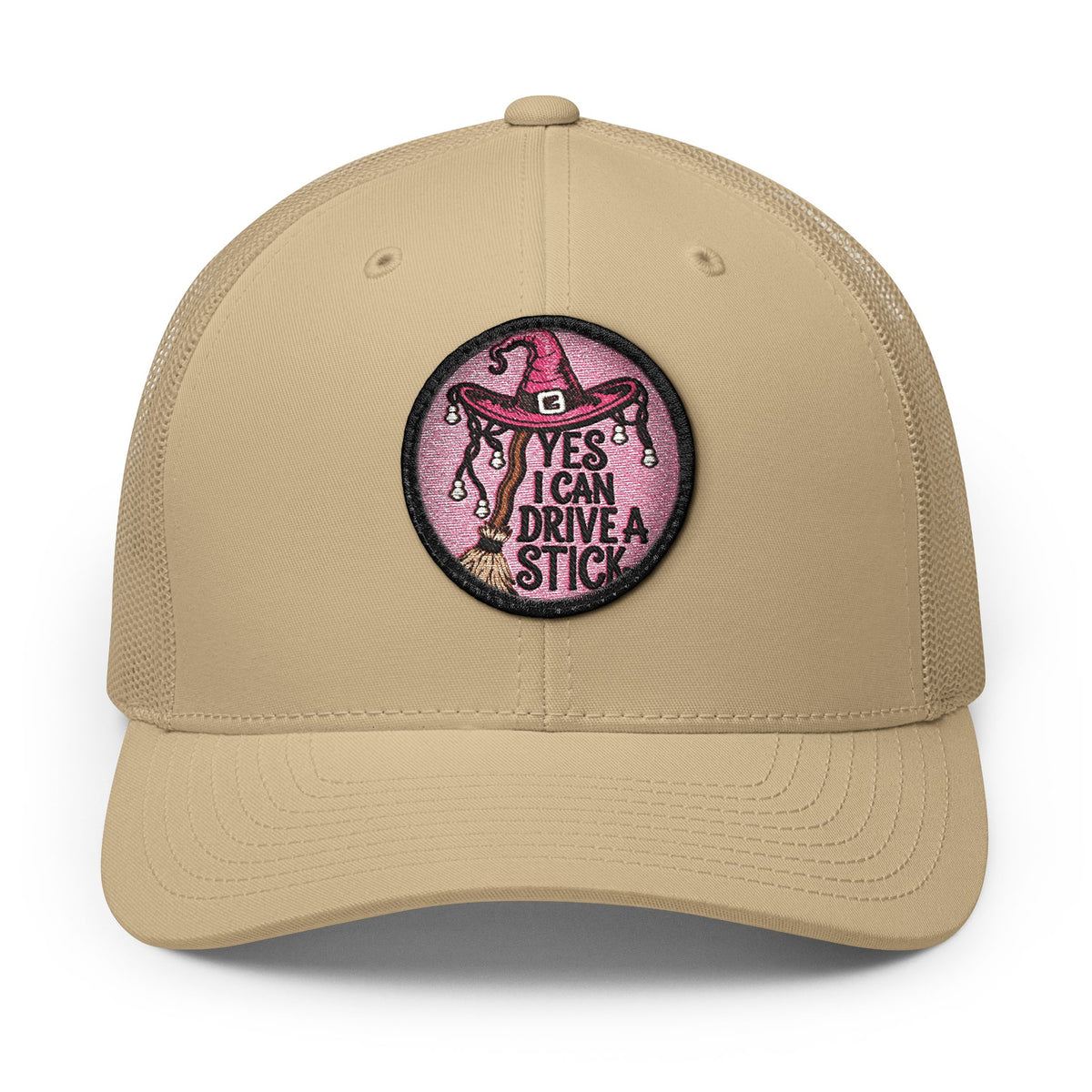 "YES, I Can Drive Stick" Pink Western Hat Patch Snapback Trucker Cap Hats Printify Circle One size Khaki / White patch