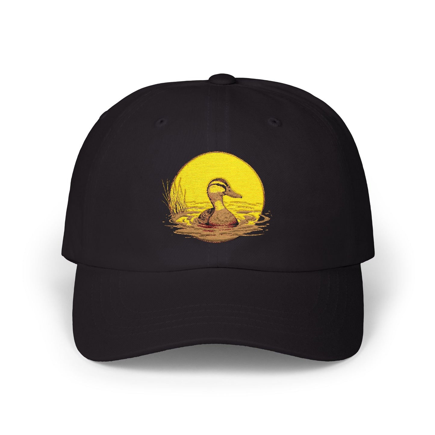 Duck Sunset Dad Cap — Embroidered Duck on Yellow Sun Baseball Hat Hats Printify Black One size