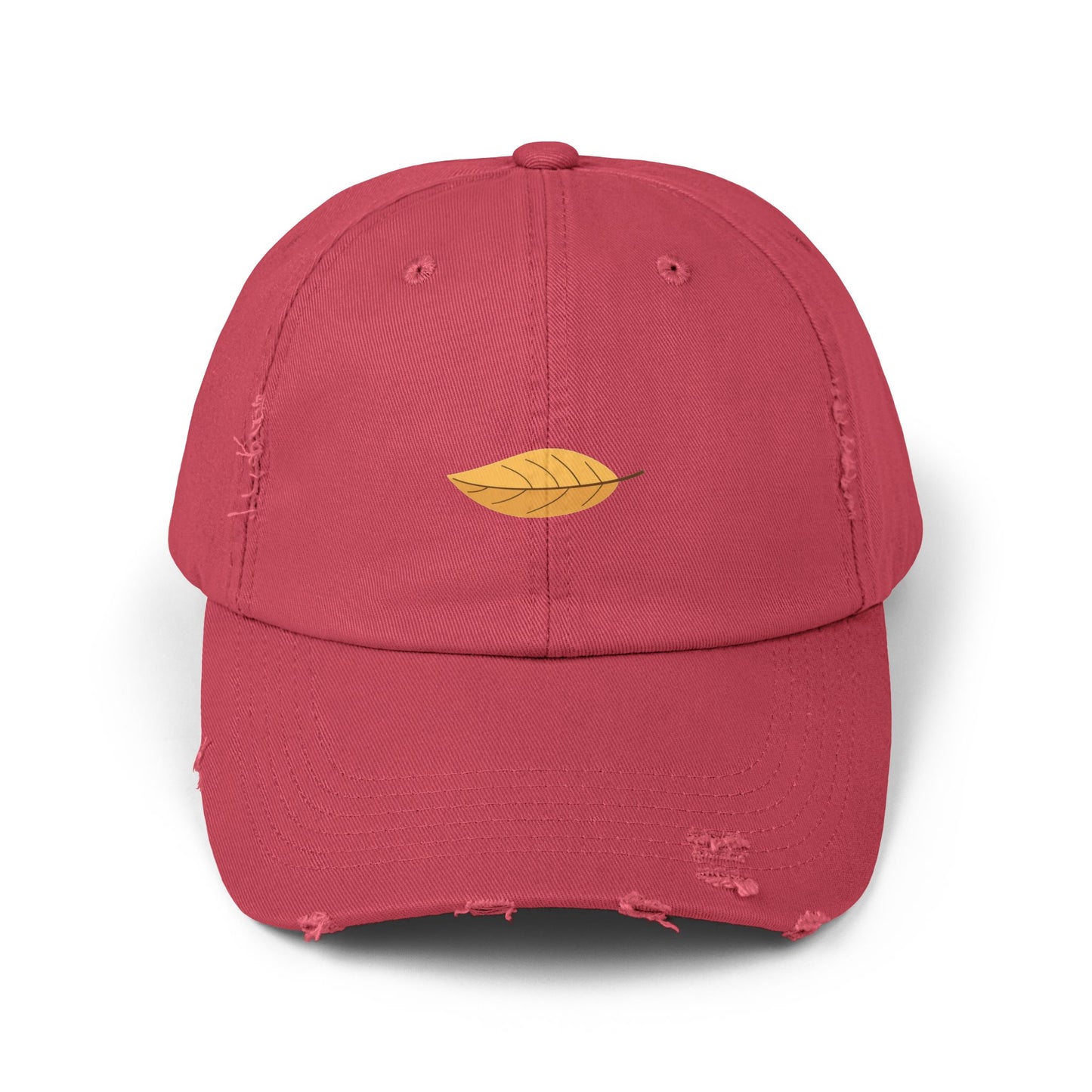 Distressed Black Cap with Golden Leaf Embroidery — Casual Fall Baseball Hat Hats Printify Dashing Red One size
