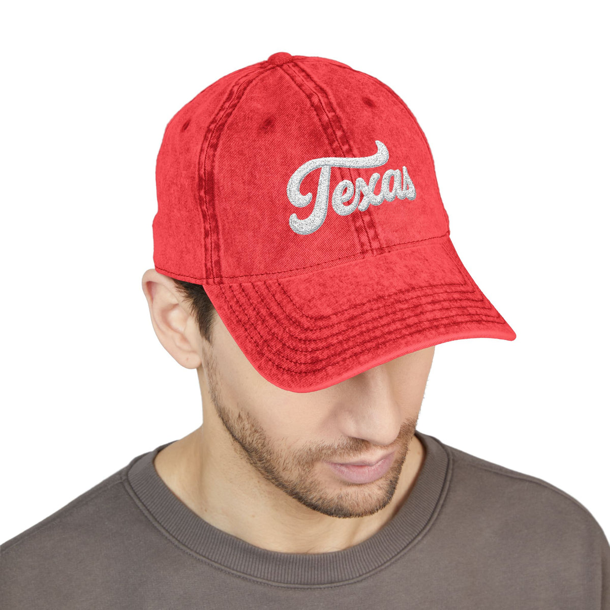 Vintage Embroidered Texas Cap — Distressed Red Baseball Hat Hats Printify