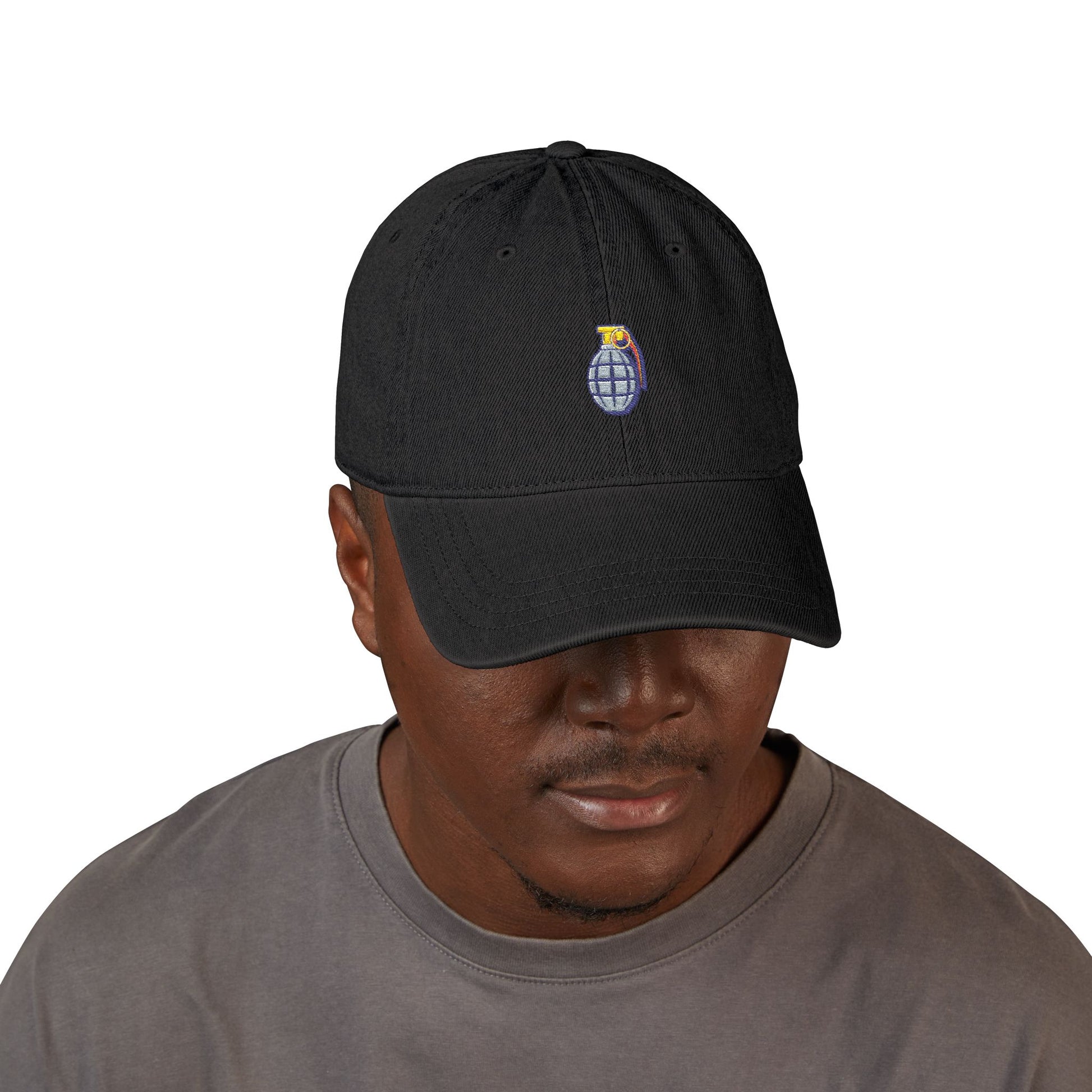Embroidered Grenade Cap – Military-Inspired Black Denim Hat Hats Printify