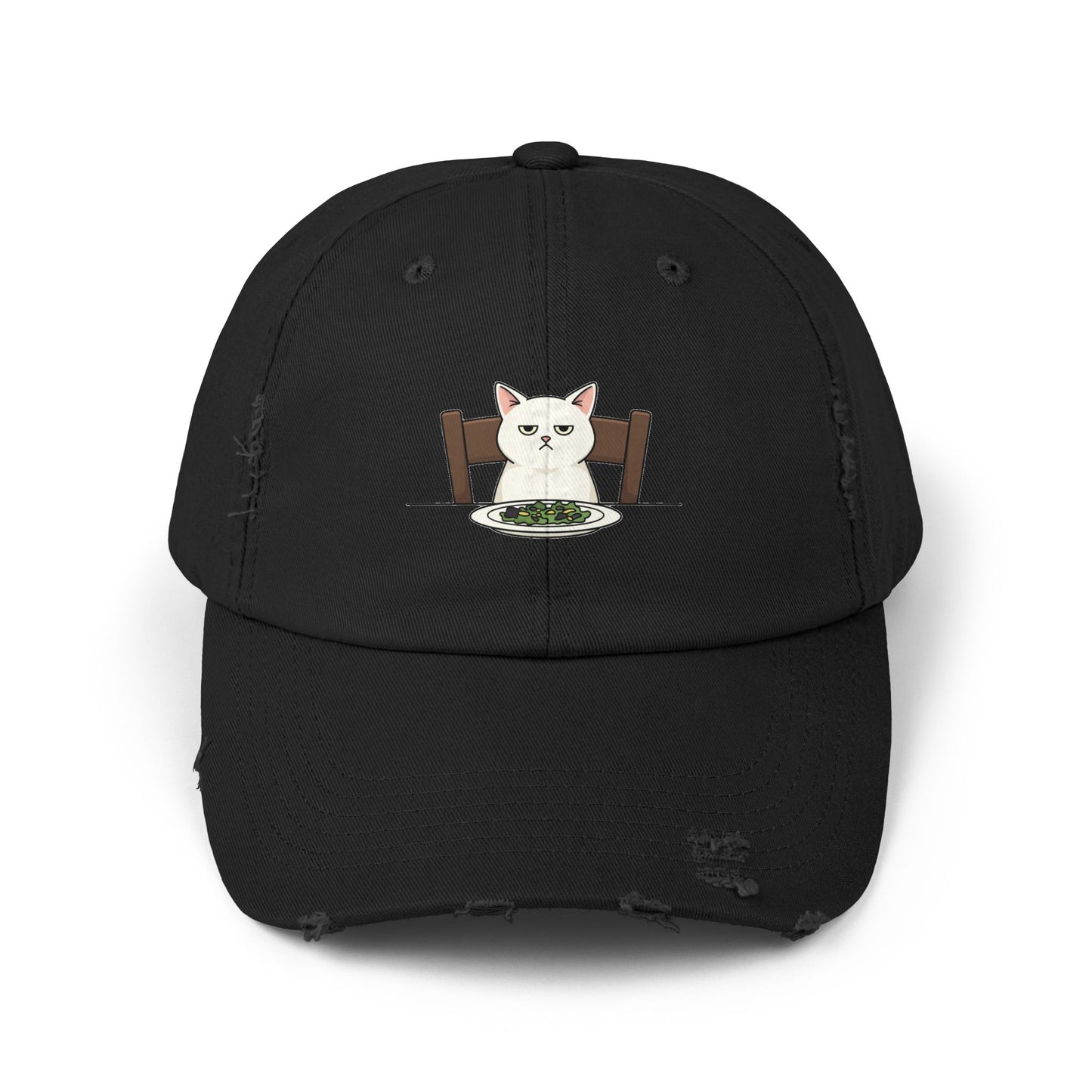 Distressed Cat At Dinner Cap — Cute White Cat Sitting at Table Baseball Hat Hats Printify Black One size