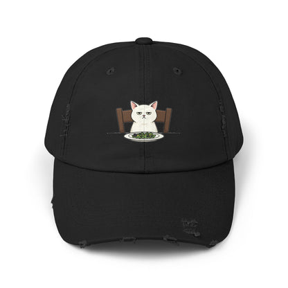 Distressed Cat At Dinner Cap — Cute White Cat Sitting at Table Baseball Hat Hats Printify Black One size