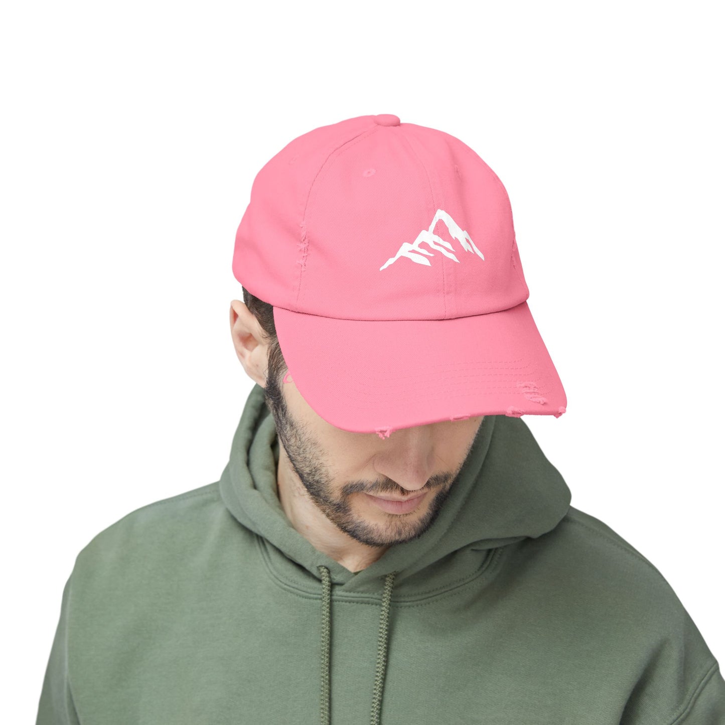 Distressed Mountain Hat — Minimal White Peak Embroidered Cap