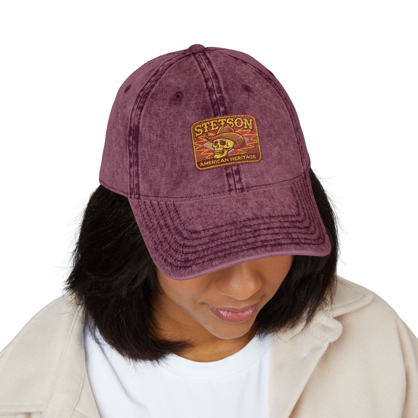 Vintage Embroidered Stetson Patch Cap — Washed Red Baseball Hat