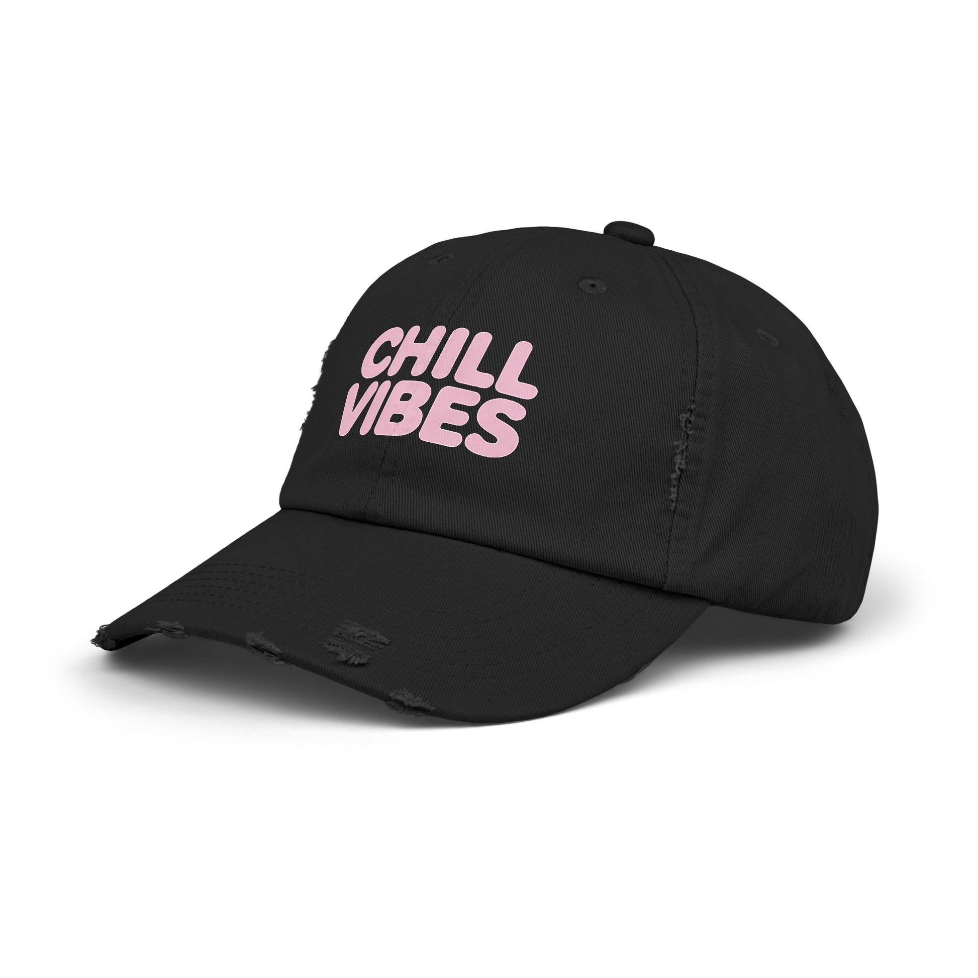 Chill Vibes Distressed Cap — Pink Text Casual Baseball Hat Hats Printify