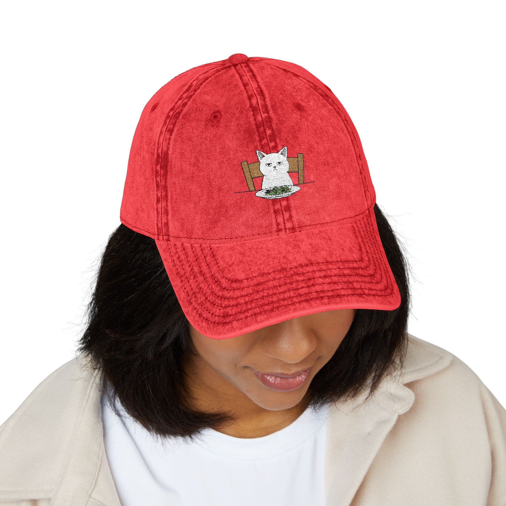 Vintage Embroidered Cat Cap — Washed Red Dad Hat Hats Printify