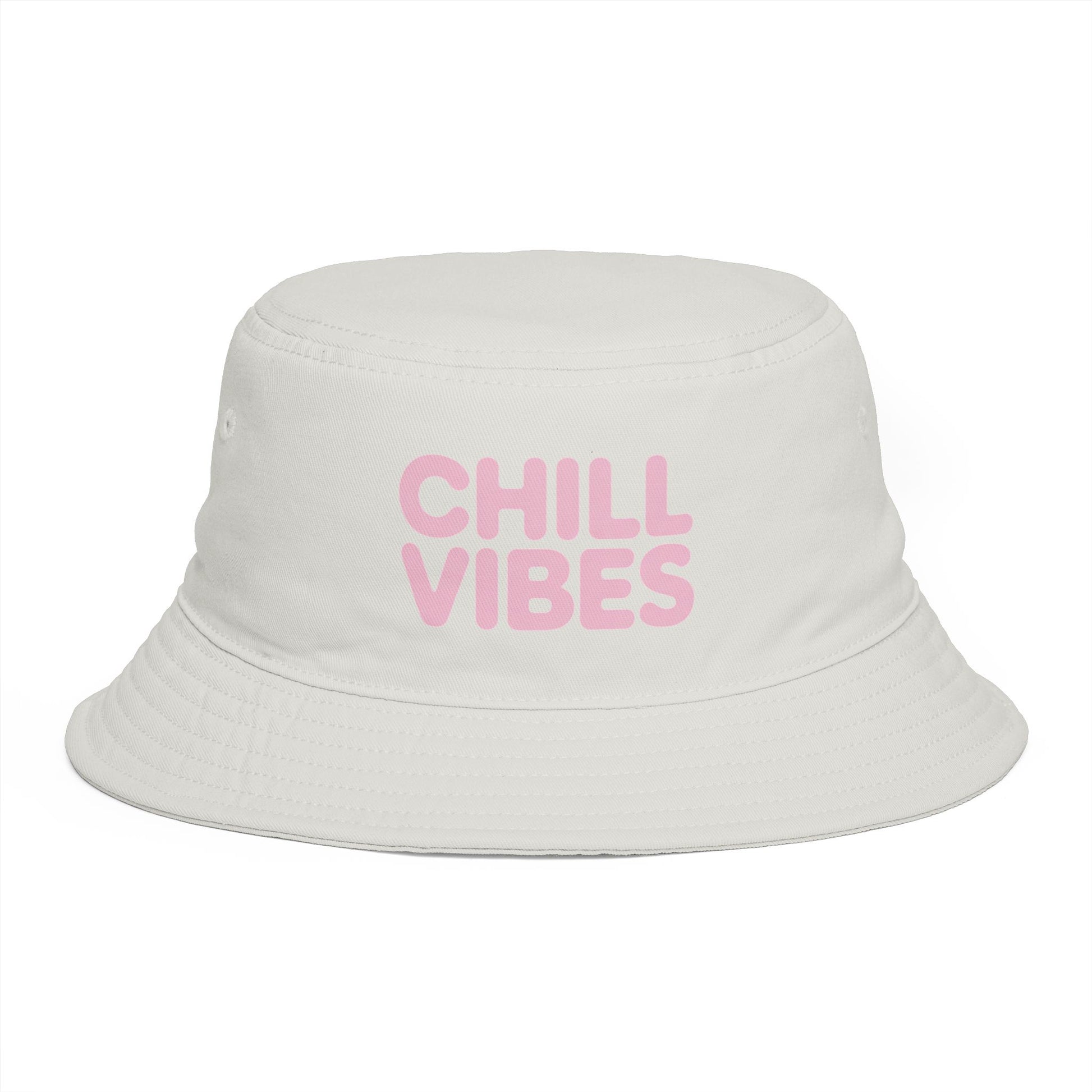 Chill Vibes Bucket Hat — Retro Pink Text Cotton Sun Hat Hats Printify One size Ecru
