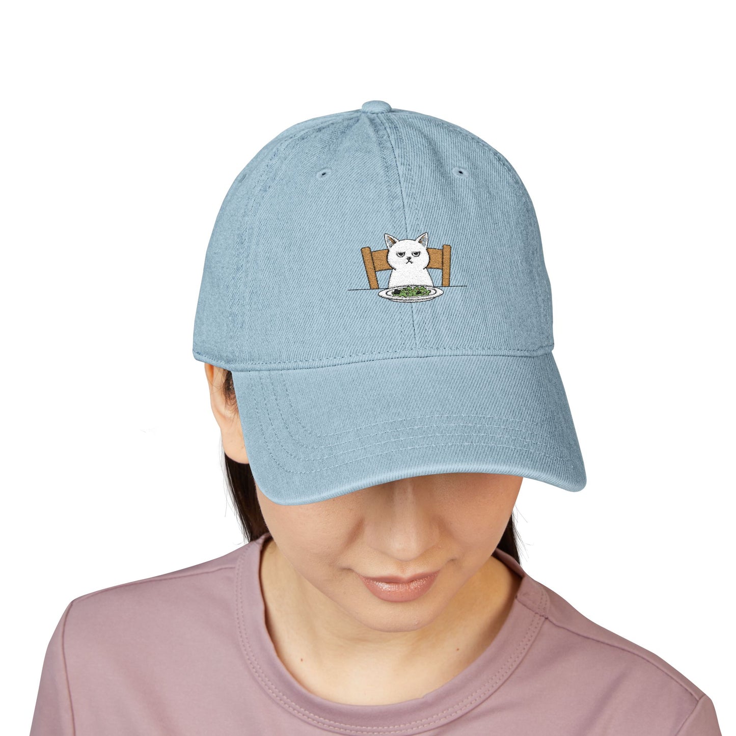 Embroidered Cat at Dinner Denim Hat Hats Printify