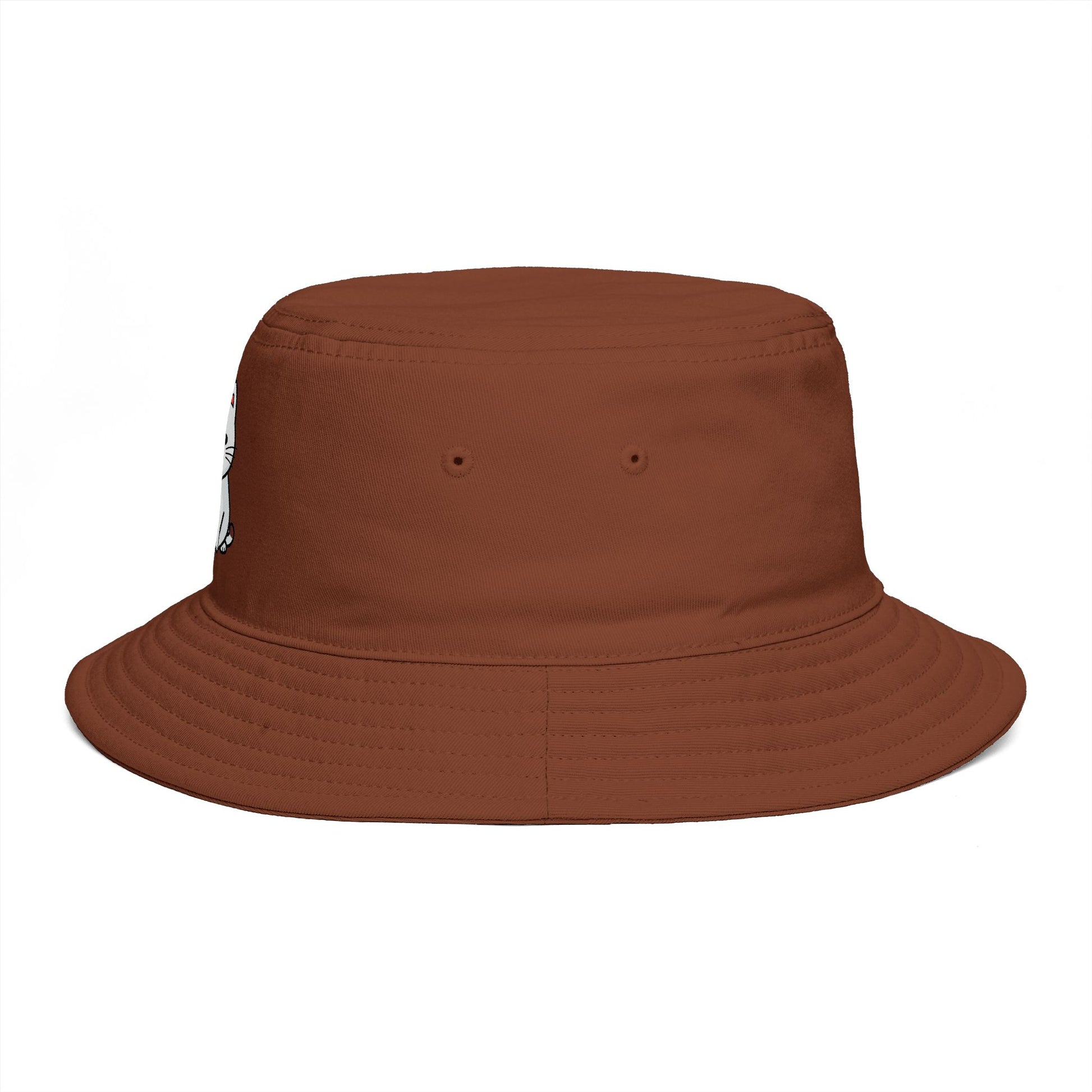 Brown Bucket Hat with Cute White Cat Embroidery — Casual Cat Lover Accessory Hats Printify