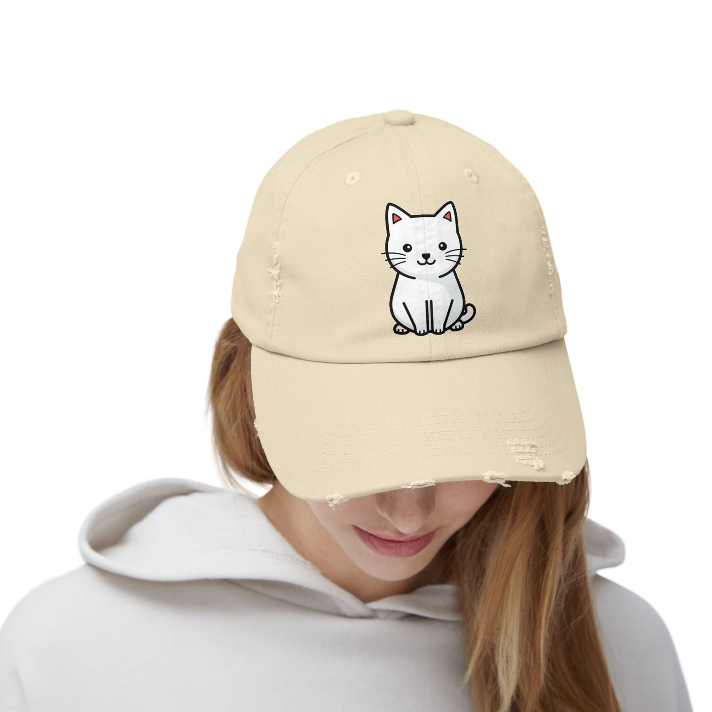 Distressed Black Cap with Cute White Cat Graphic Hats Printify