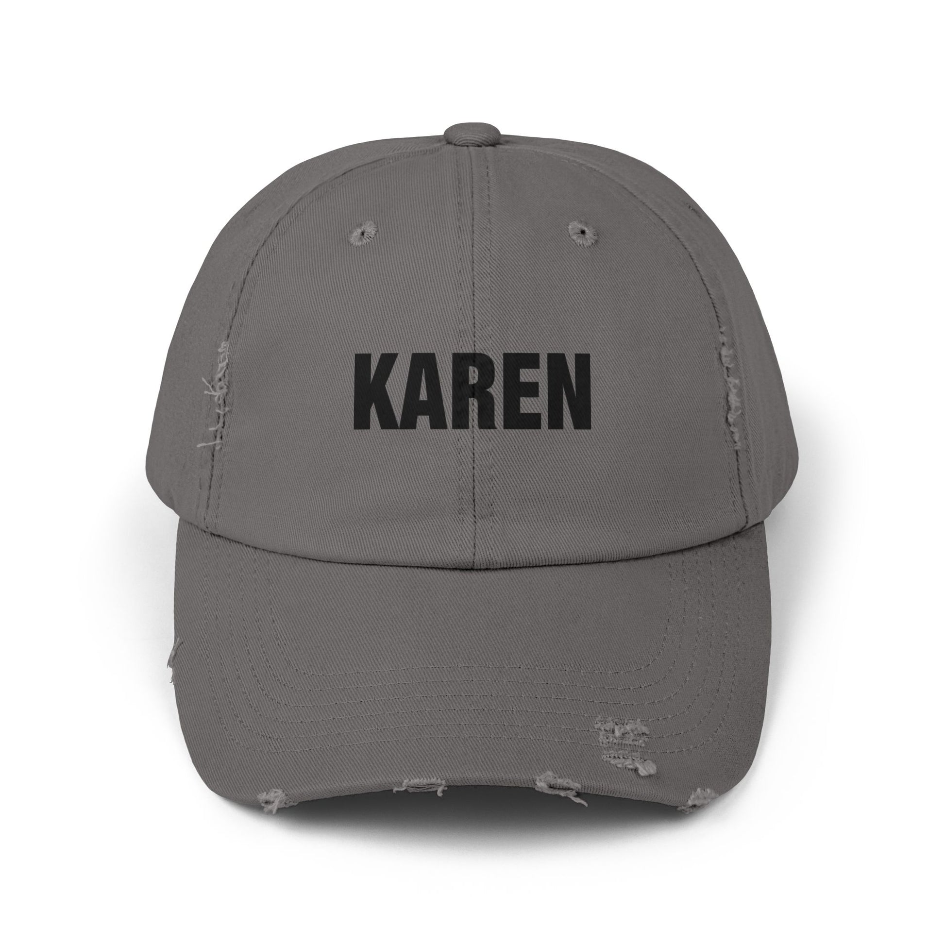 Distressed 'Karen' Baseball Cap — Black Embroidered Name Hat Hats Printify Nickel One size