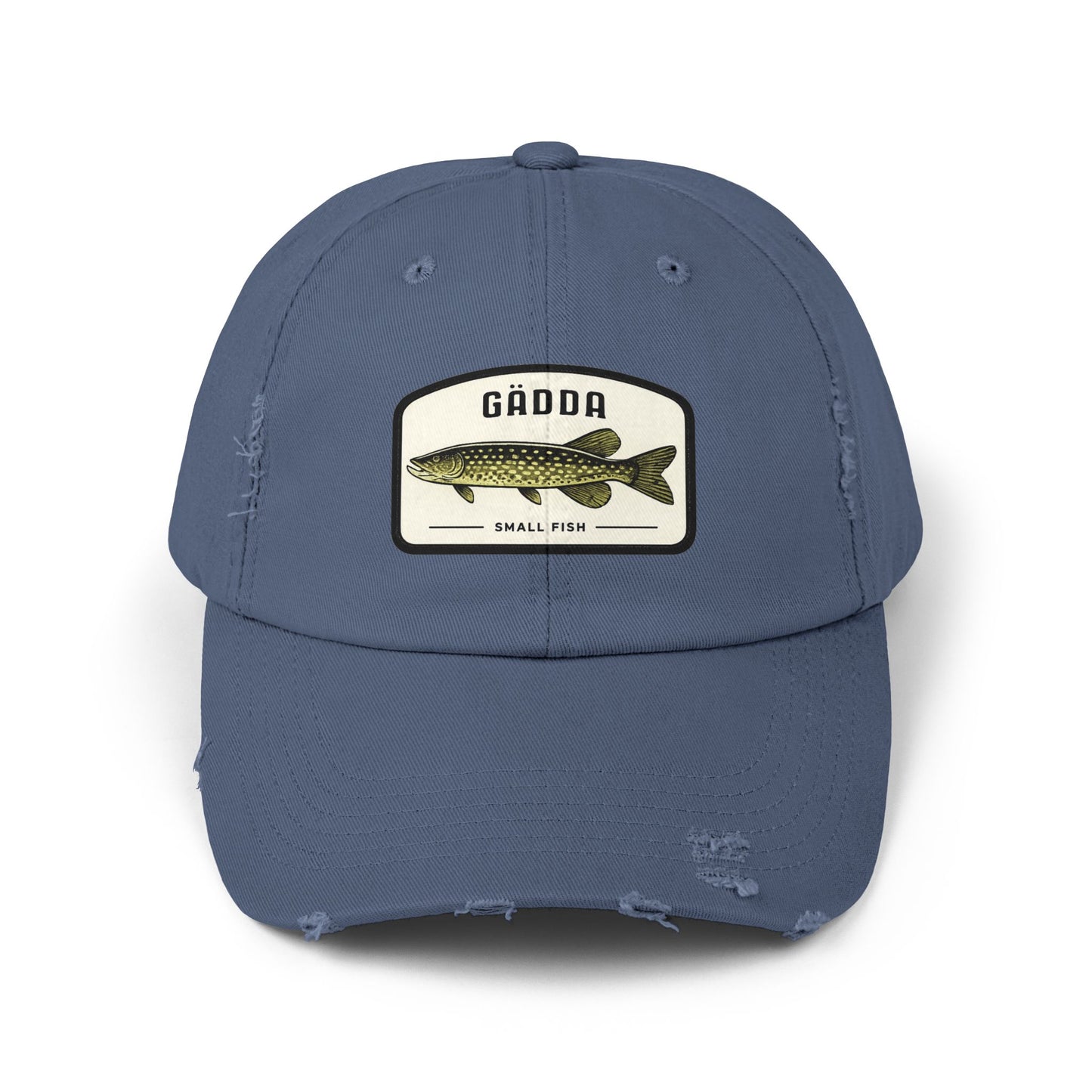 Fishing Hat – 'Gädda' Pike Patch Distressed Cap Hats Printify Scotland Blue One size