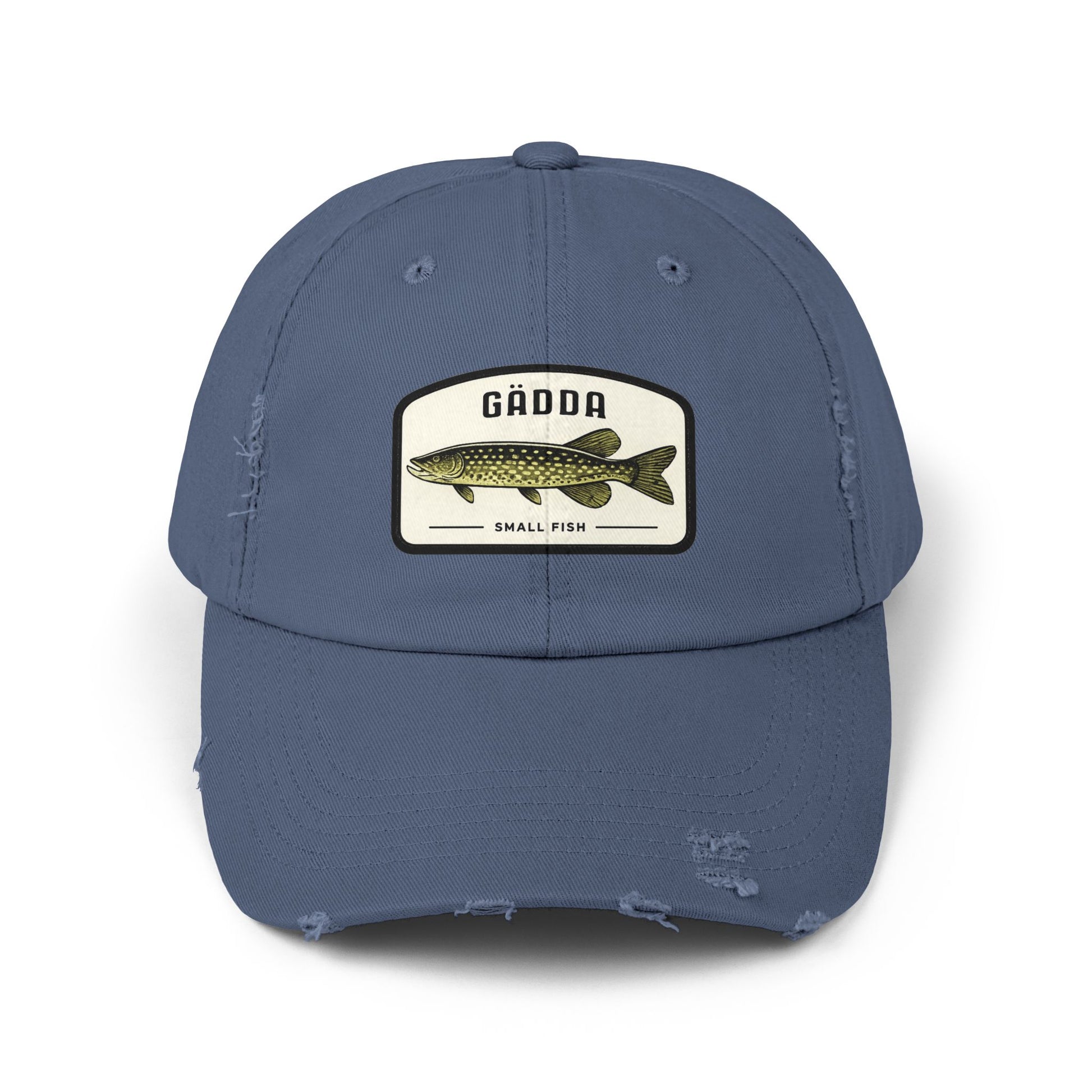Fishing Hat – 'Gädda' Pike Patch Distressed Cap Hats Printify Scotland Blue One size