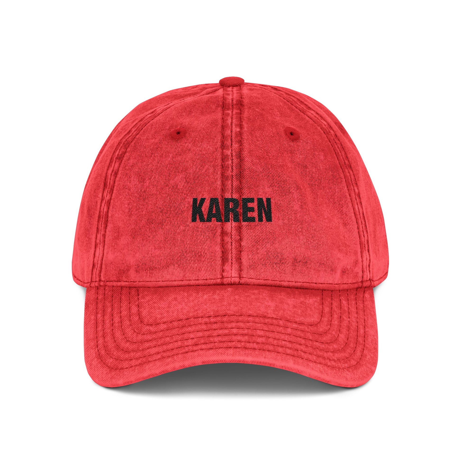 Embroidered 'KAREN' Vintage Baseball Cap - Distressed Red Dad Hat Hats Printify One size Red