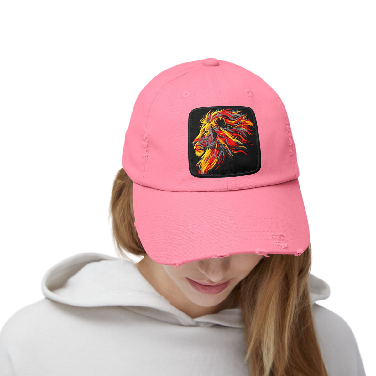 Distressed Cap — Vibrant Flame Lion Embroidered Baseball Hat