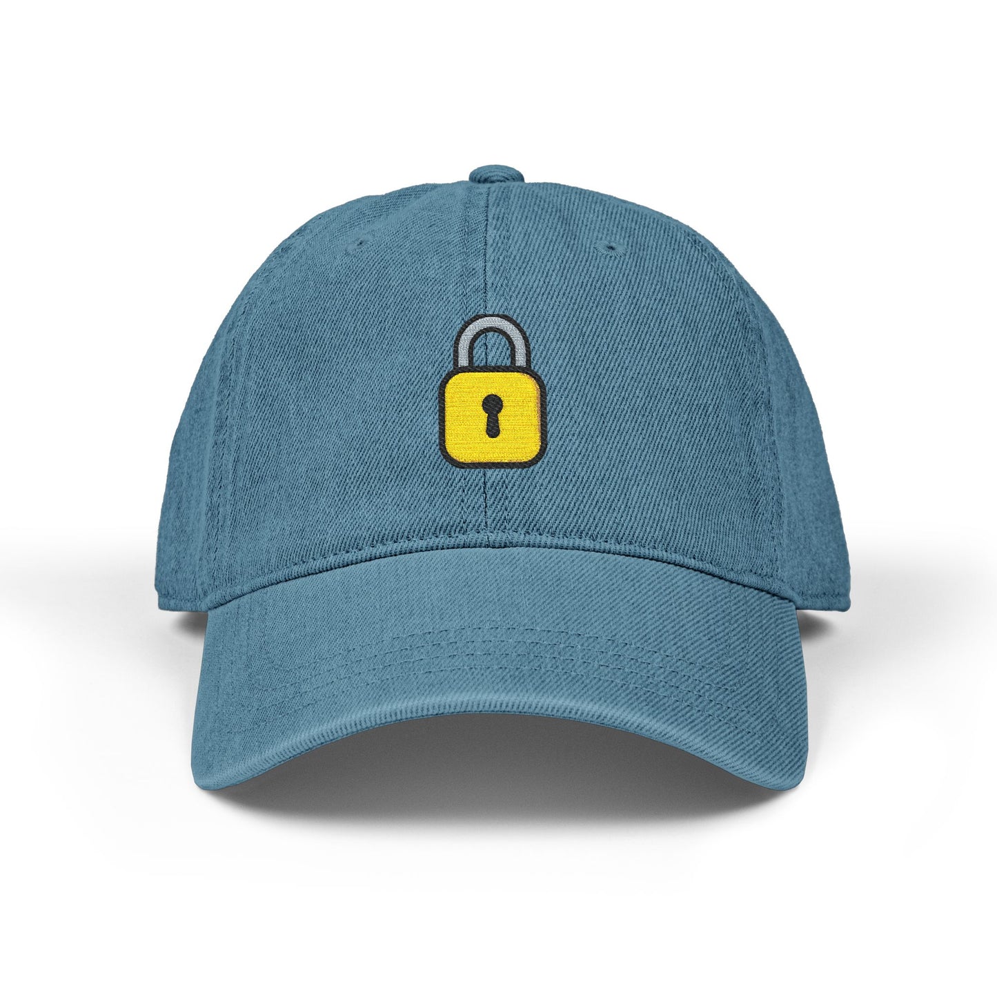 Embroidered Lock Denim Hat — Minimal Yellow Padlock Cap