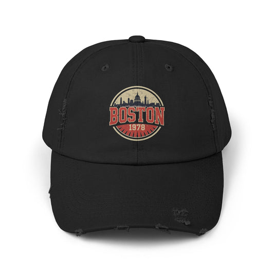 Boston Distressed Cap - Vintage City Skyline Dad Hat (1978) Hats Printify Black One size