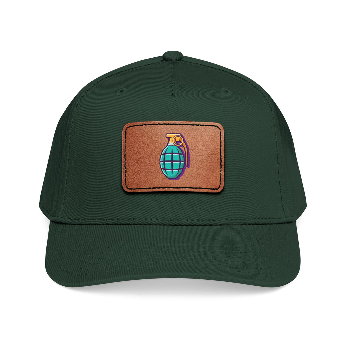 Leather Patch Baseball Cap — Retro Grenade Patch Hat Hats Printify One size Dark Green / Light Brown patch Rectangle