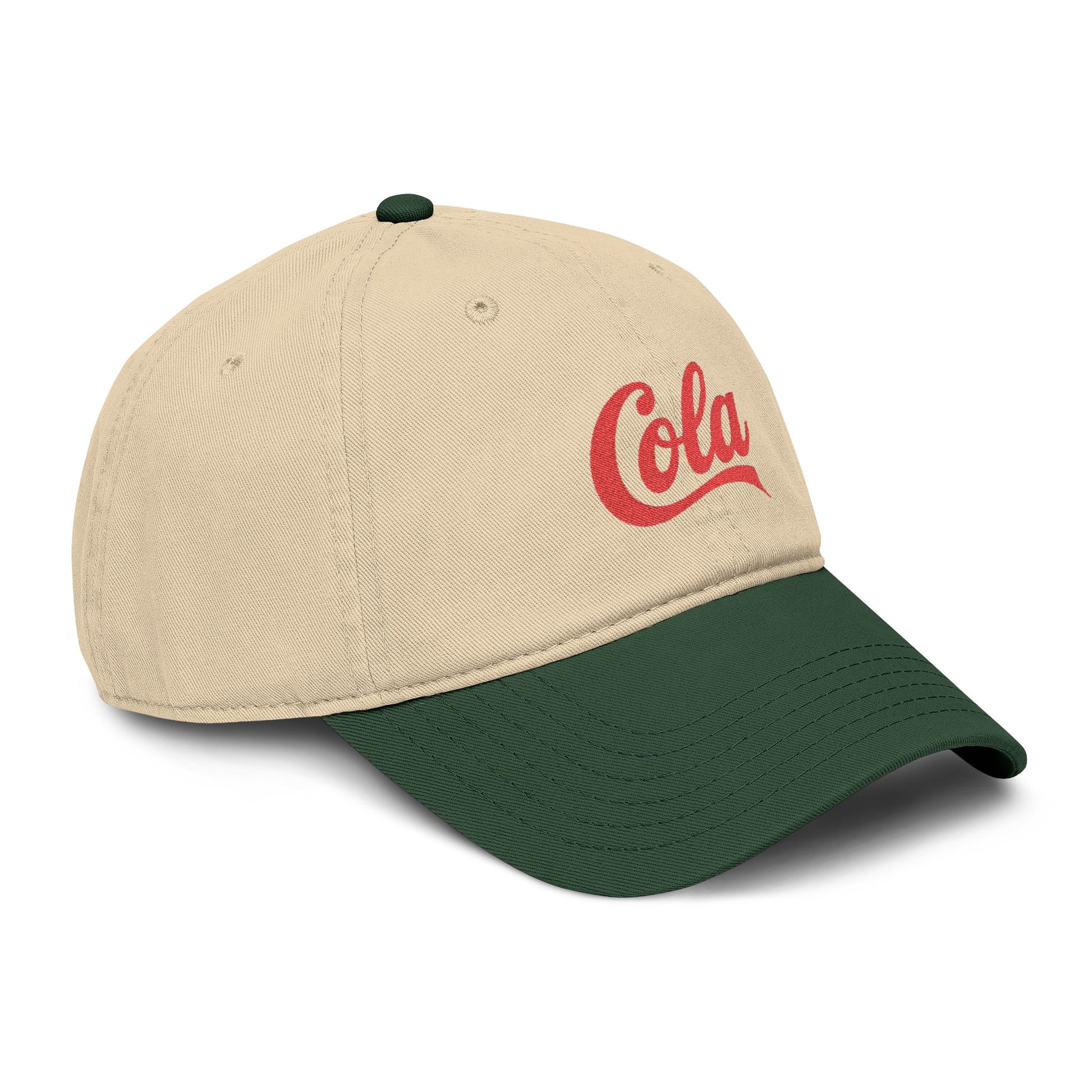 Washed Cotton Baseball Cap with Retro "Cola" Script Embroidery Hats Printify
