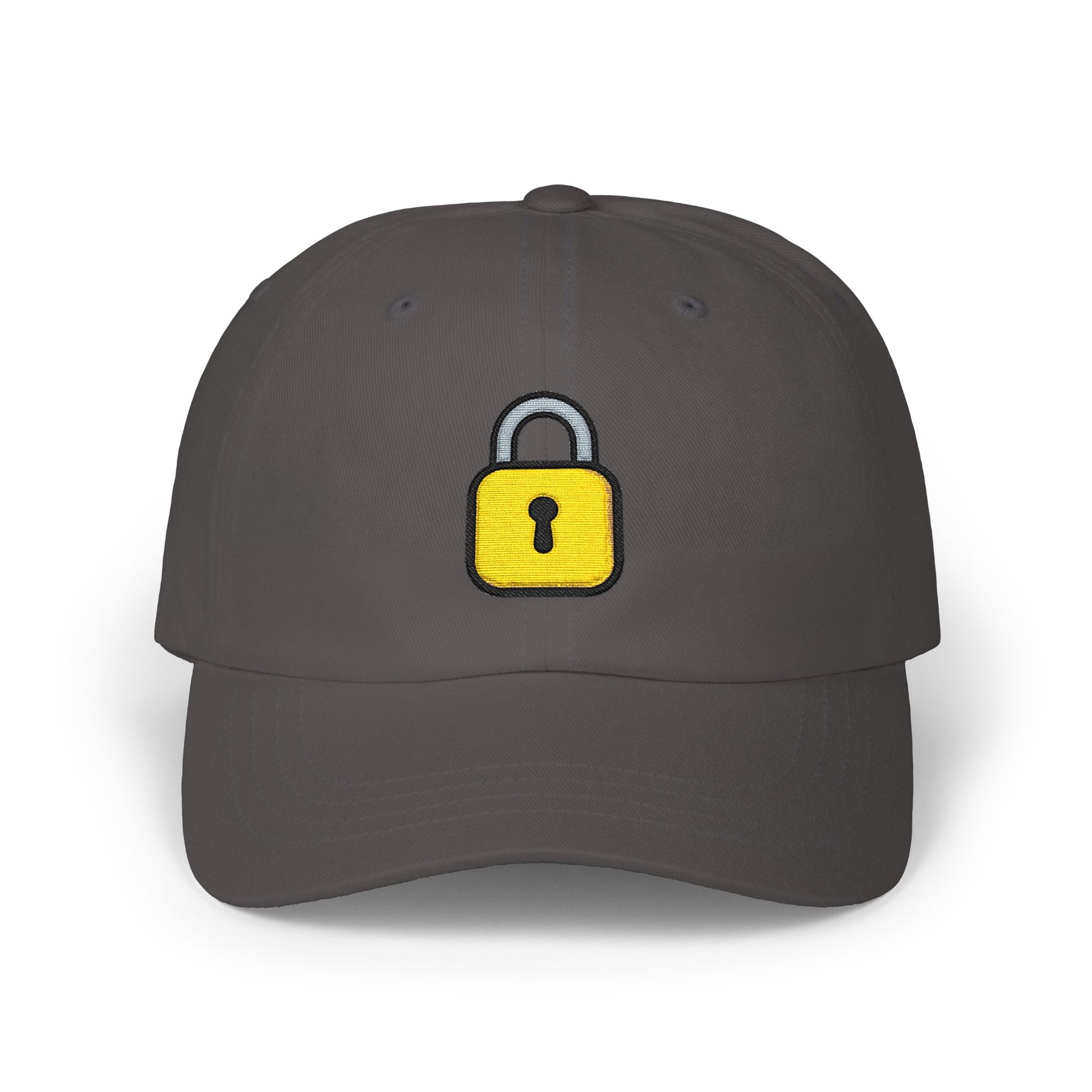 Lock Embroidered Dad Cap — Minimal Yellow Padlock Baseball Hat Hats Printify Dark Grey One size