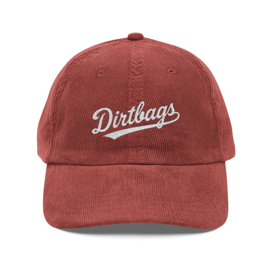 Vintage Corduroy Cap – Embroidered "Dirtbags" Script Baseball Hat Hats Printify Burgundy One size