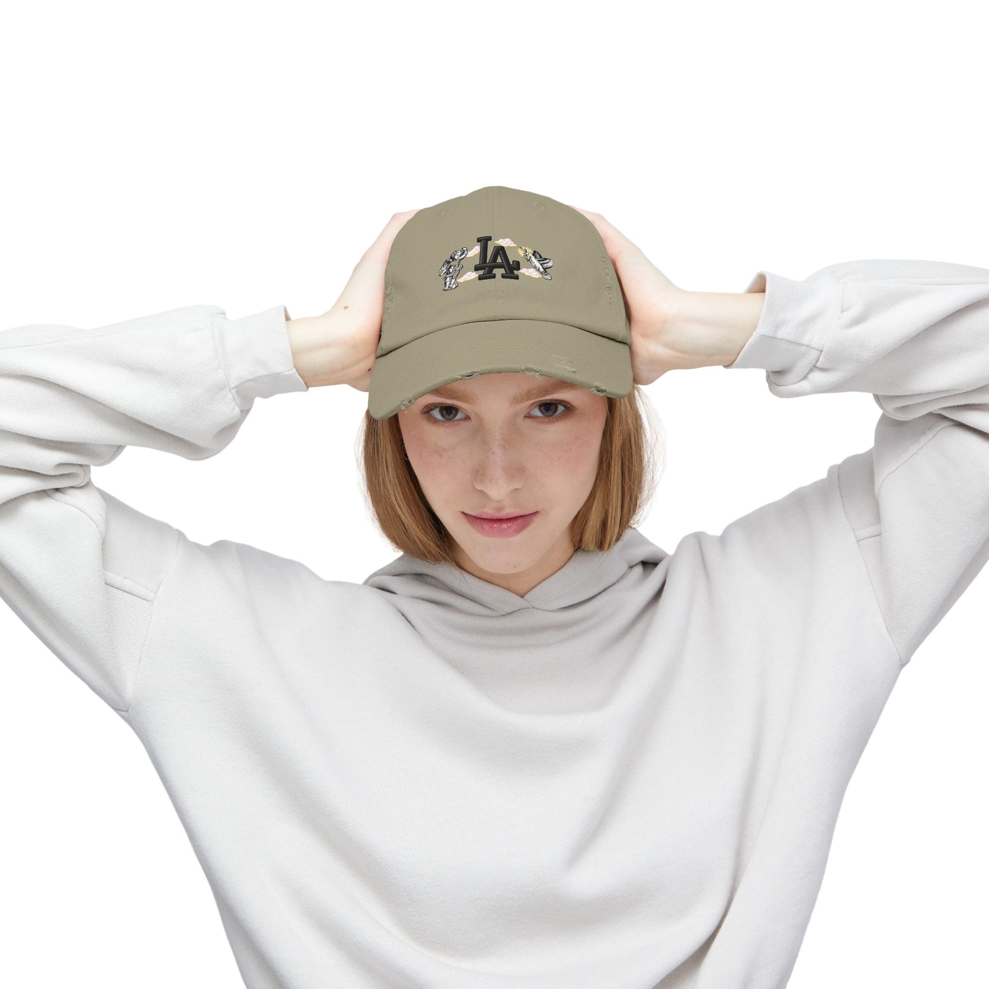 Distressed Baseball Cap — LA Logo with Angel Wings & Clouds Hats Printify