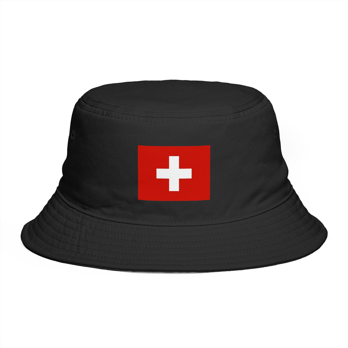 Swiss Cross Brown Bucket Hat — Alpine Flag Patch Sun Hat Hats Printify One size Black