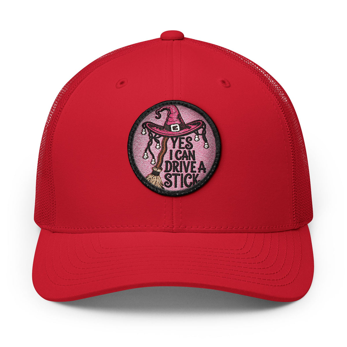 "YES, I Can Drive Stick" Pink Western Hat Patch Snapback Trucker Cap Hats Printify Circle One size Red / Black patch