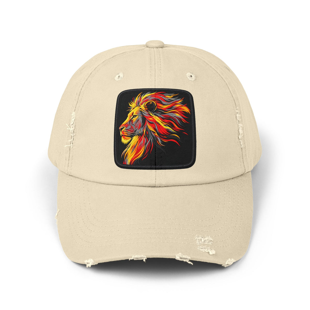 Distressed Cap — Vibrant Flame Lion Embroidered Baseball Hat Hats Printify Stone One size