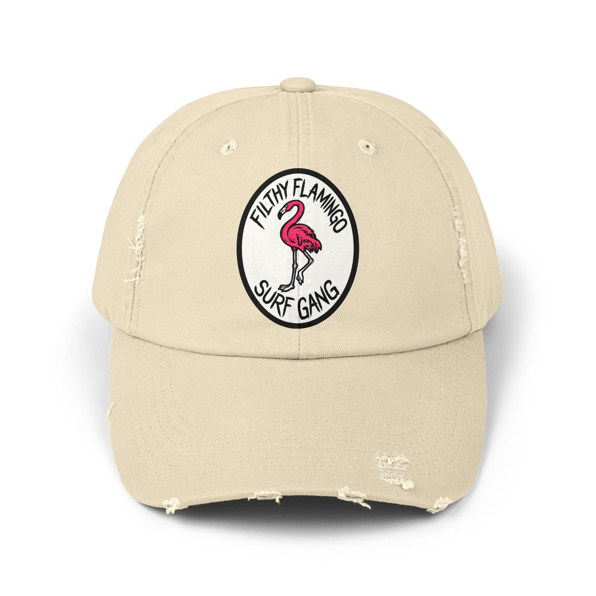 Distressed Surf Cap — "Filthy Flamingo Surf Gang" Embroidered Patch Hat Hats Printify Stone One size