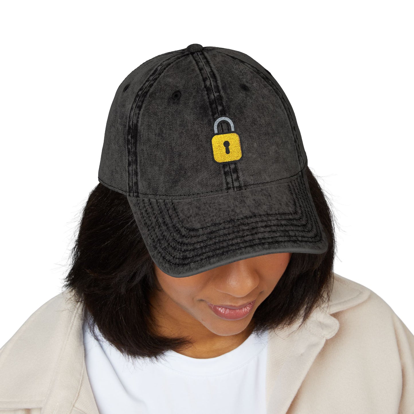 Embroidered Vintage Cap — Yellow Lock Patch Hat Hats Printify