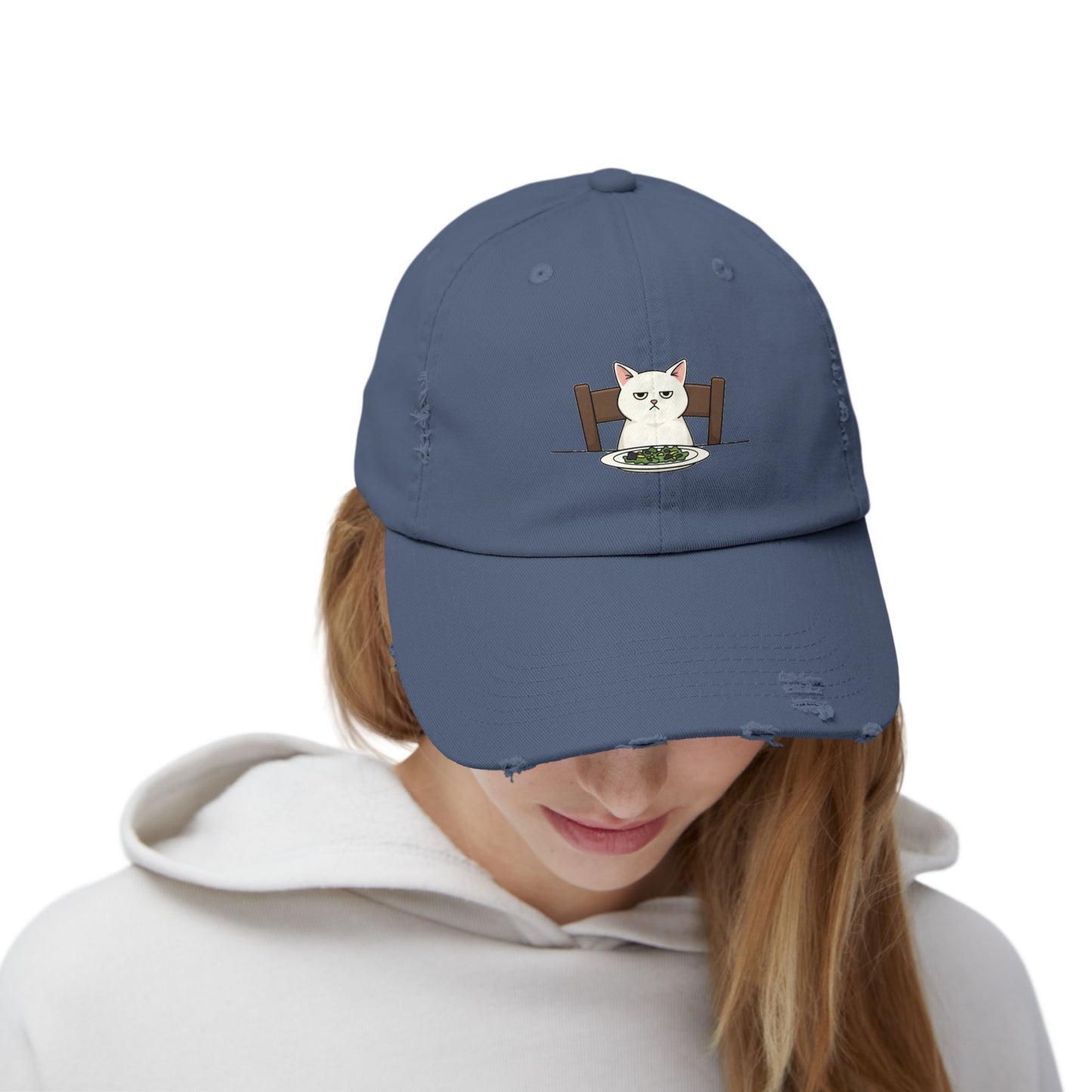 Distressed Cat At Dinner Cap — Cute White Cat Sitting at Table Baseball Hat