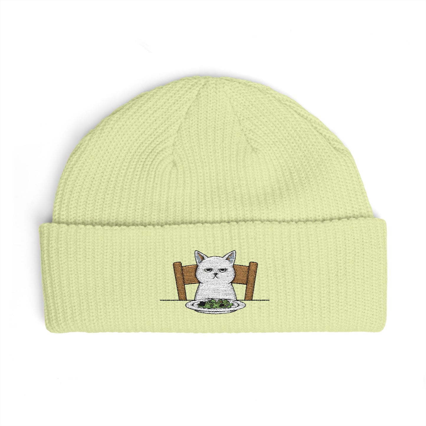 Cuffed Beanie with Embroidered White Cat on Chair – Cozy Cute Winter Hat Hats Printify