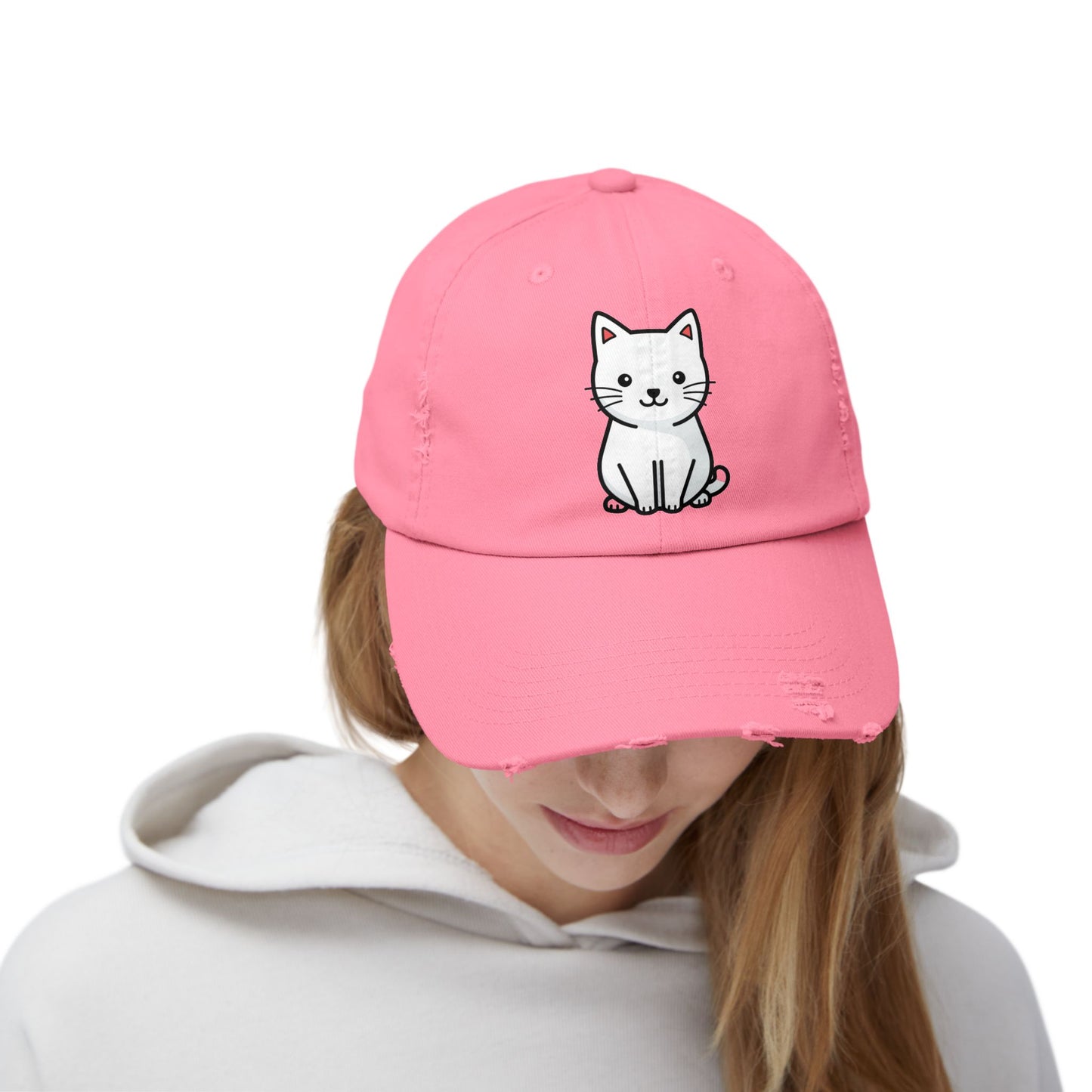 Distressed Black Cap with Cute White Cat Graphic