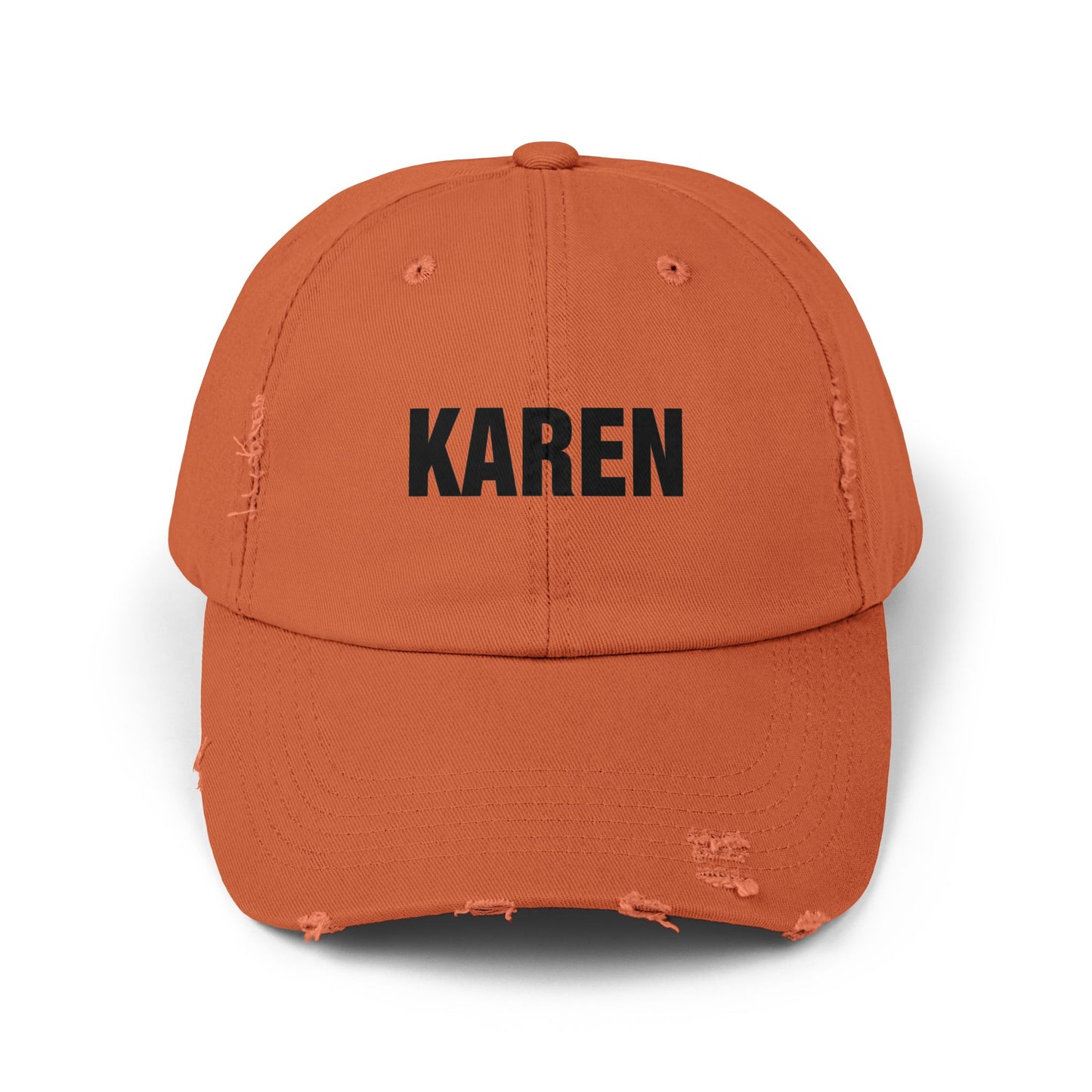 Distressed 'Karen' Baseball Cap — Black Embroidered Name Hat Hats Printify Burnt Orange One size