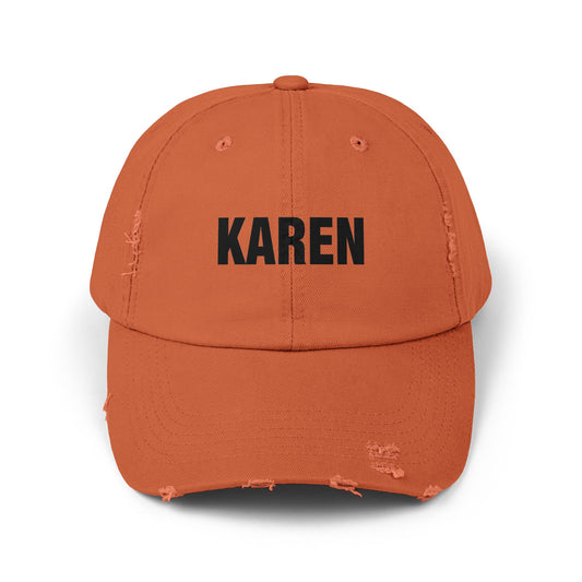Distressed 'Karen' Baseball Cap — Black Embroidered Name Hat Hats Printify Burnt Orange One size