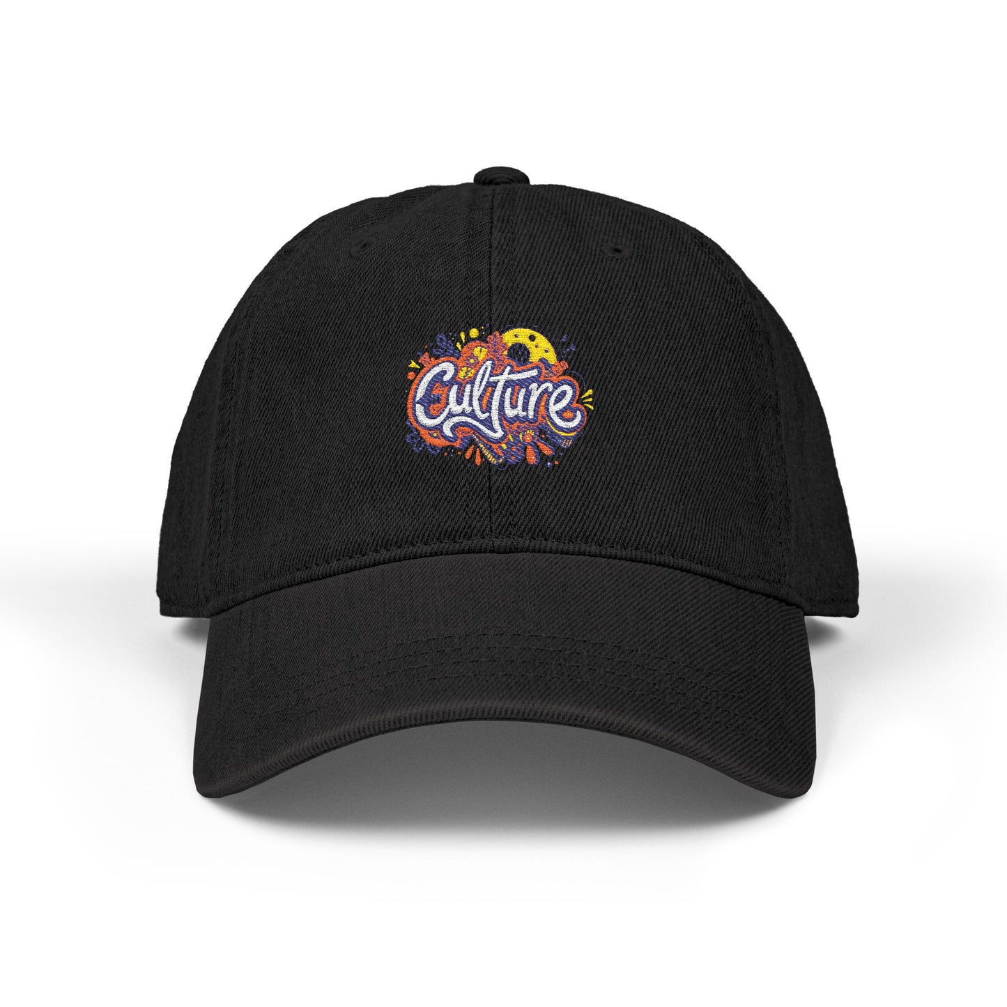 Embroidered Denim Hat — Colorful "Culture" Floral Logo Cap Hats Printify One size Black