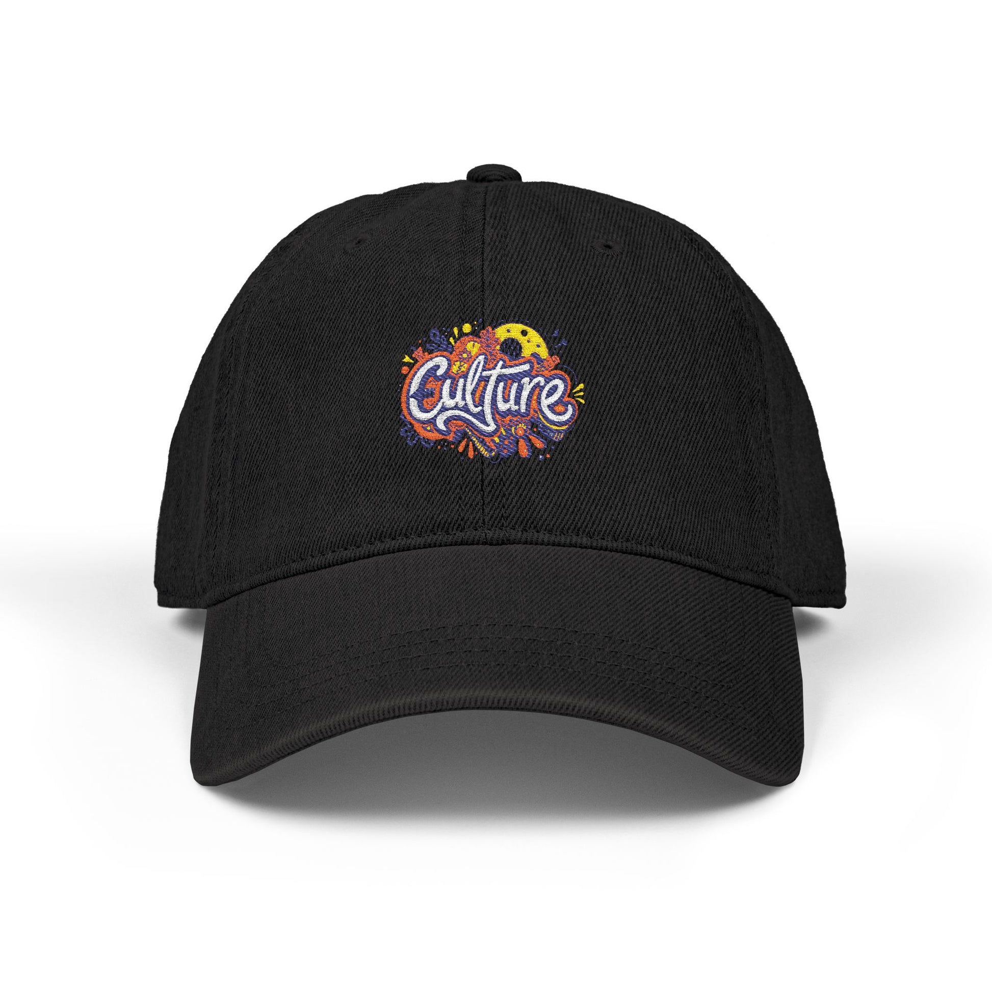 Embroidered Denim Hat — Colorful "Culture" Floral Logo Cap Hats Printify One size Black