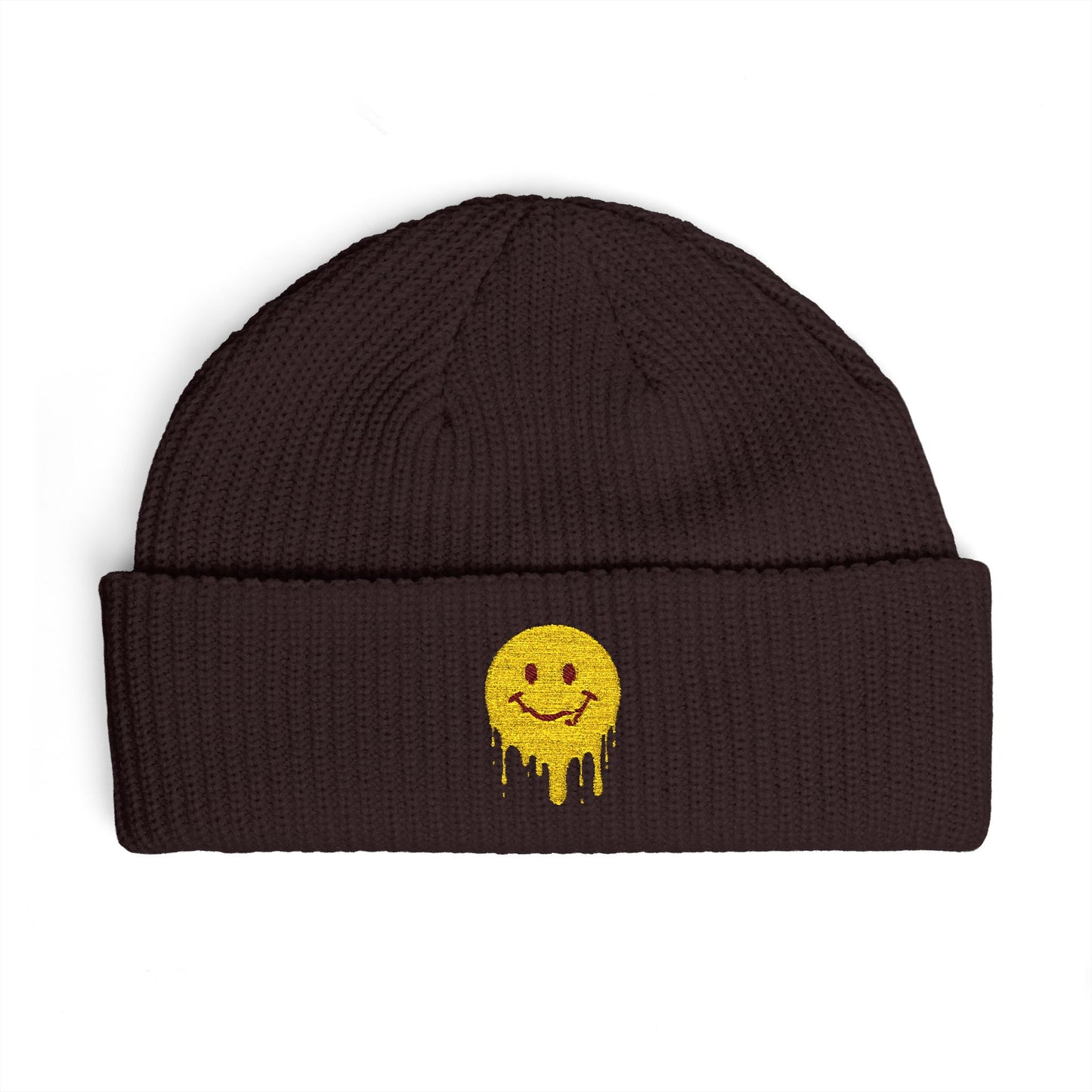Dripping Smiley Cuff Beanie — Cozy Knit Hat with Yellow Drip Emoji Embroidery Hats Printify One size Plum