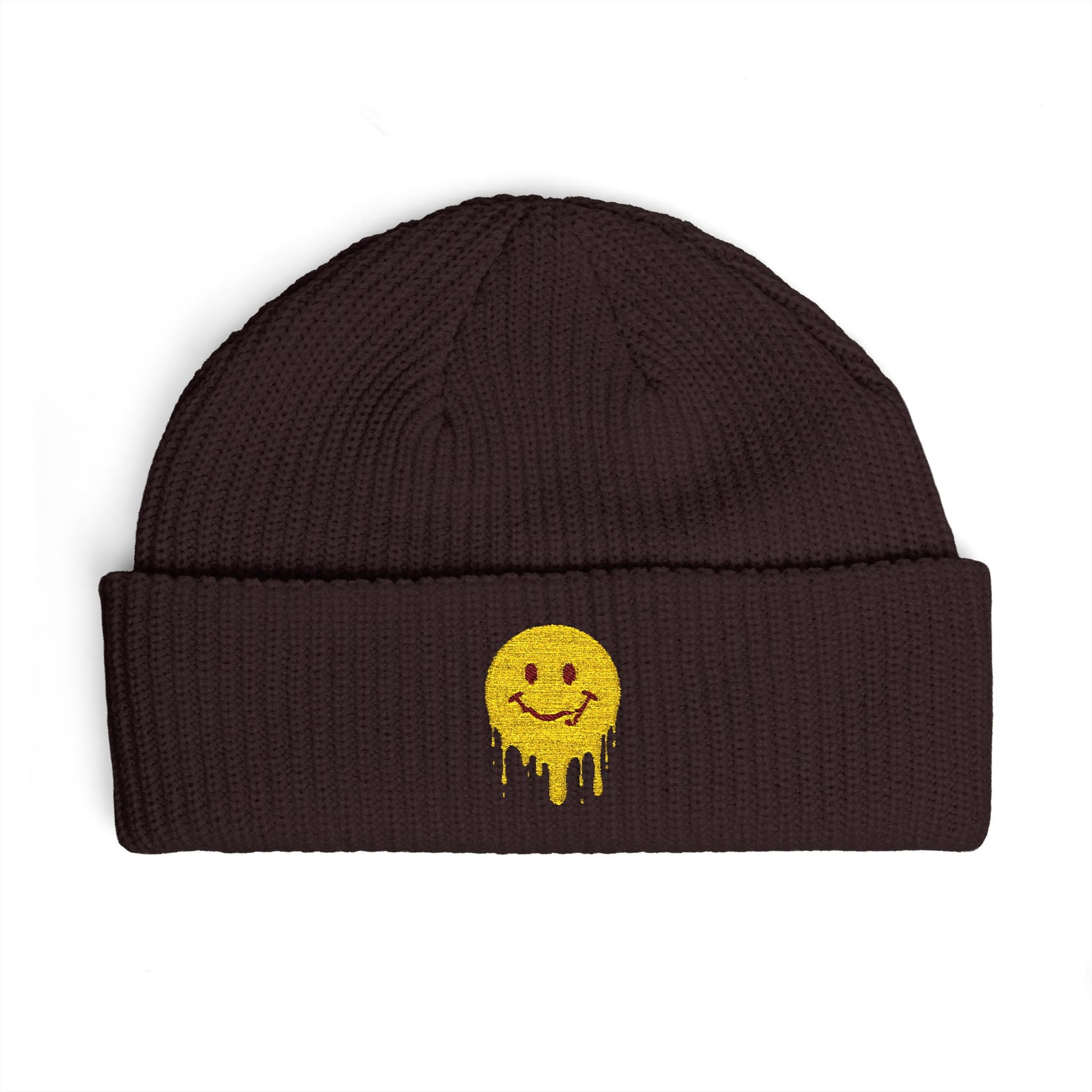 Dripping Smiley Cuff Beanie — Cozy Knit Hat with Yellow Drip Emoji Embroidery Hats Printify One size Plum