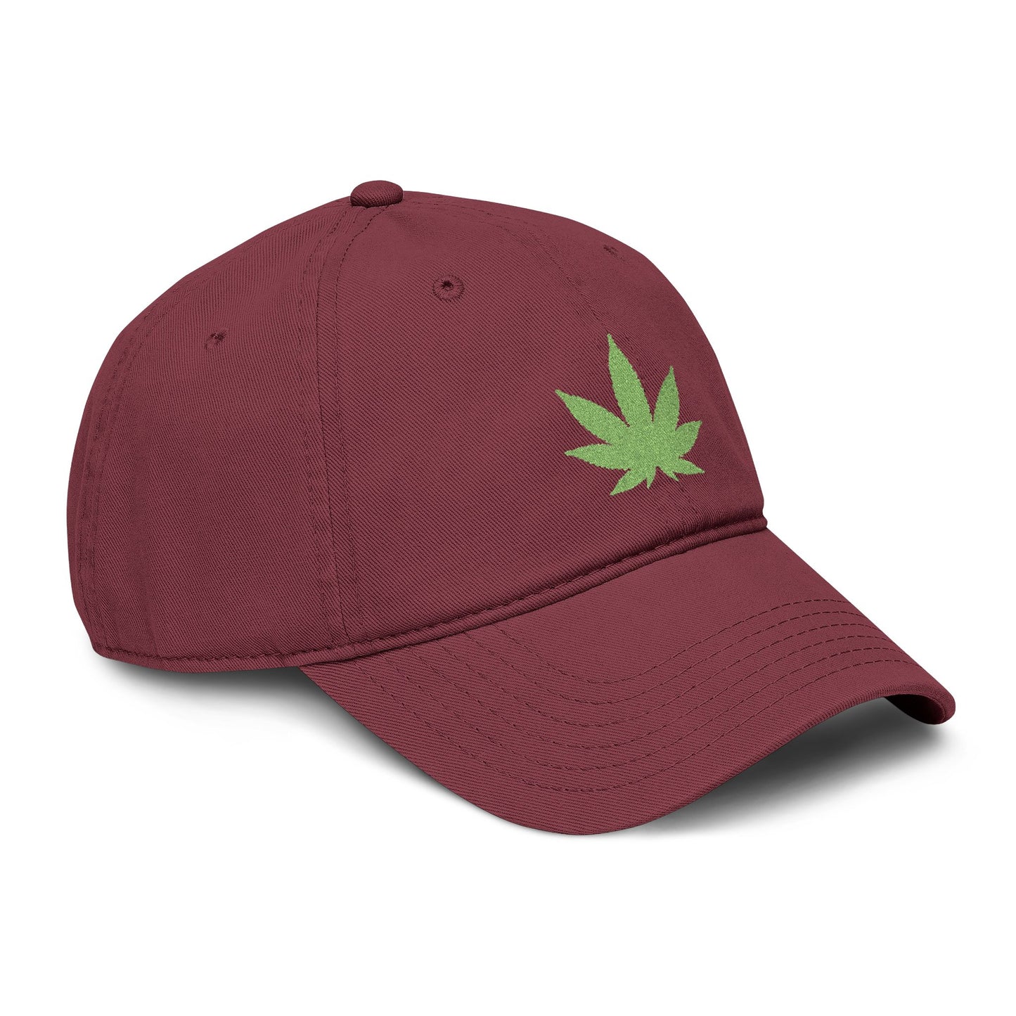 Washed Baseball Cap with Green Glitter Cannabis Leaf Embroidery