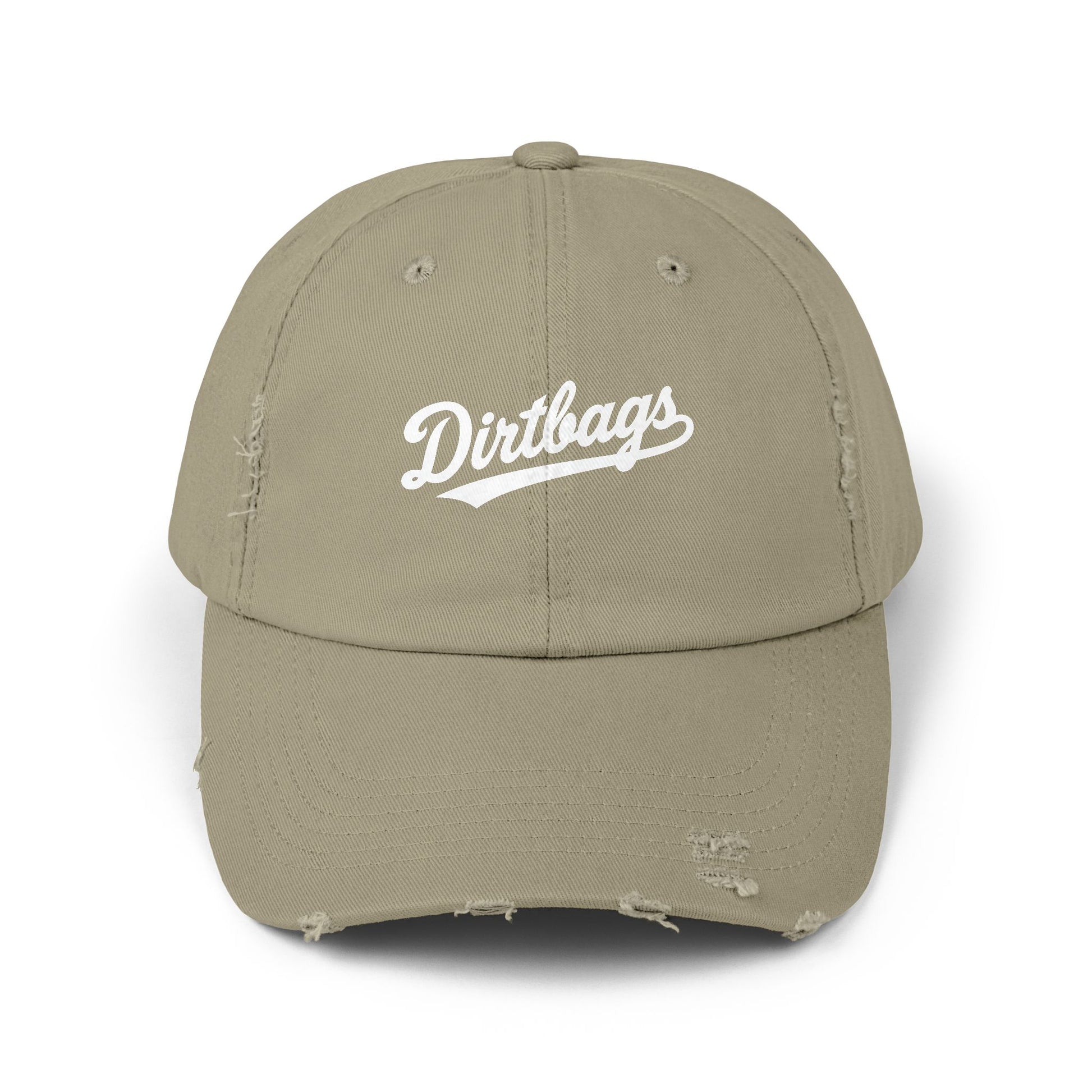 Dirtbags Distressed Baseball Cap — Vintage Script Embroidered Hat Hats Printify Light Olive One size