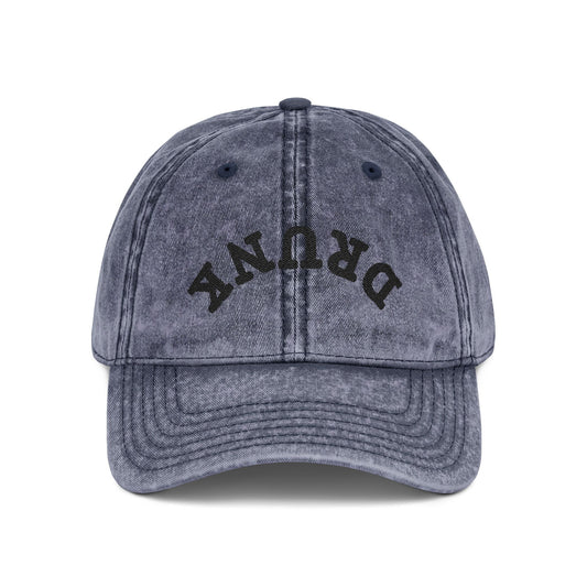 Embroidered Vintage 'DRUNK' Distressed Baseball Cap — Retro Red Cotton Hat Hats Printify One size Navy
