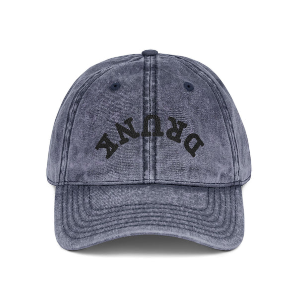 Embroidered Vintage 'DRUNK' Distressed Baseball Cap — Retro Red Cotton Hat Hats Printify One size Navy