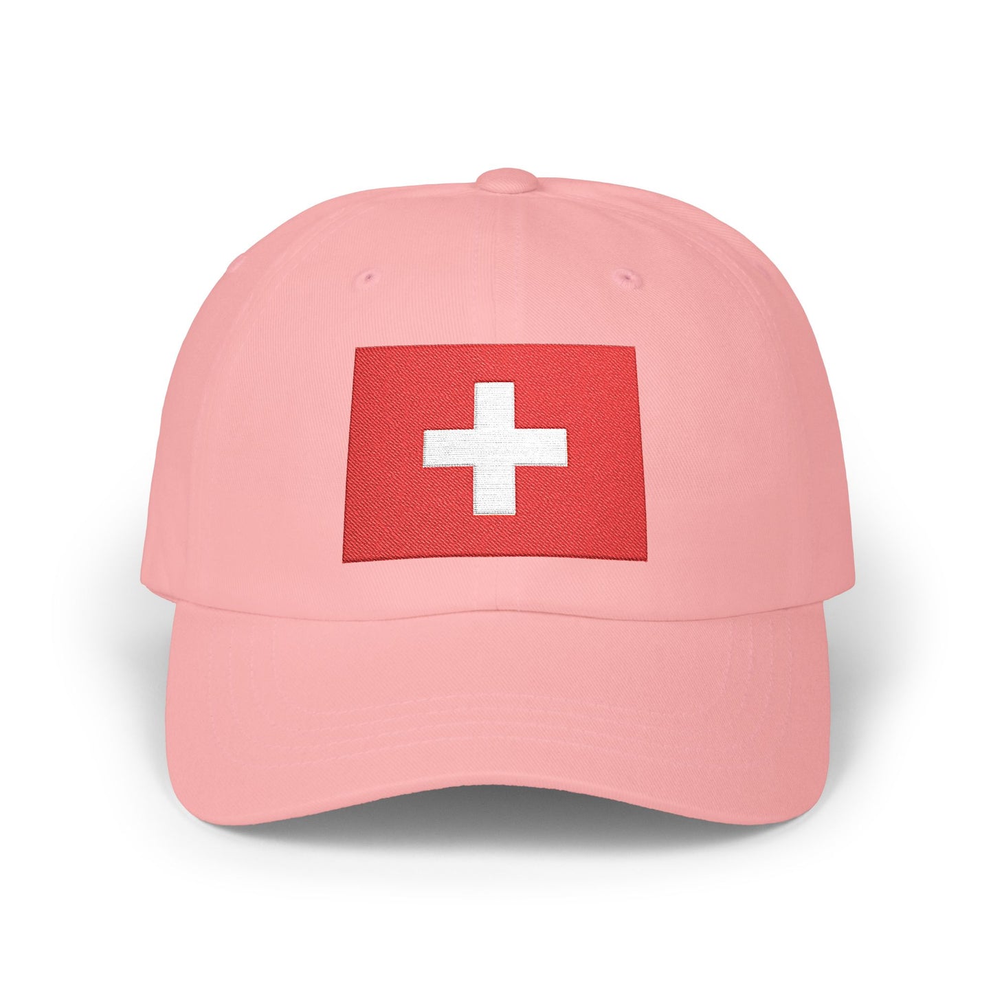 Dad Cap with Swiss Flag Embroidered Patch — Classic White Adjustable Hat Hats Printify Pink One size