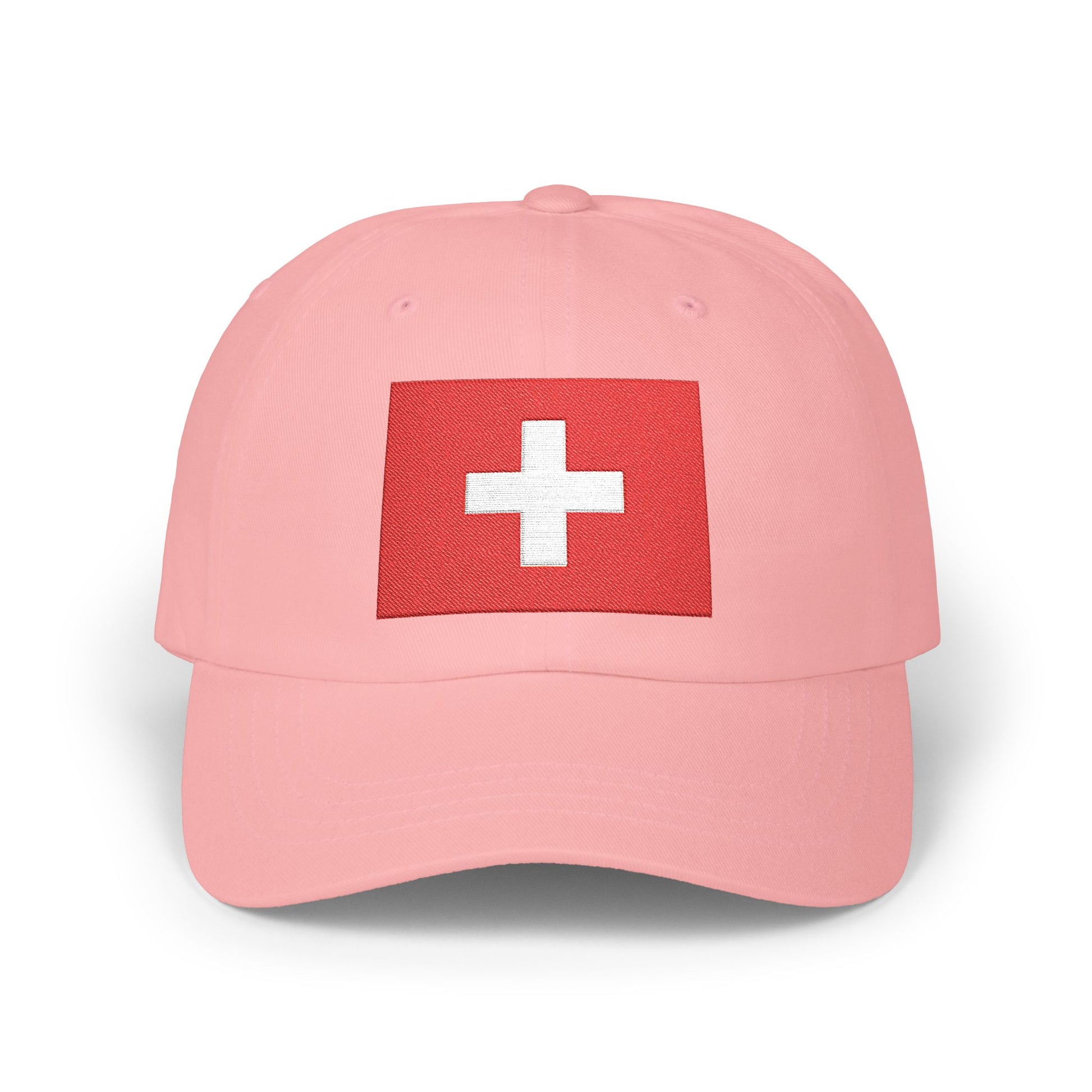 Dad Cap with Swiss Flag Embroidered Patch — Classic White Adjustable Hat Hats Printify Pink One size