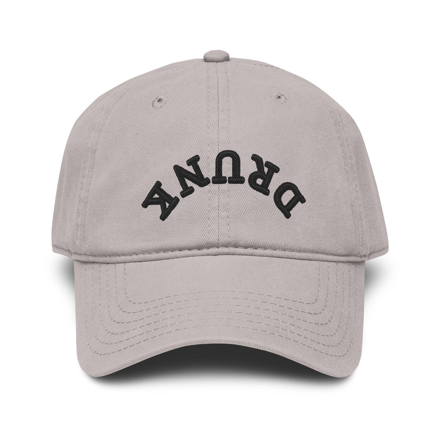 Washed Baseball Cap with 'DRUNK' Embroidered Arch – Vintage Distressed Dad Hat
